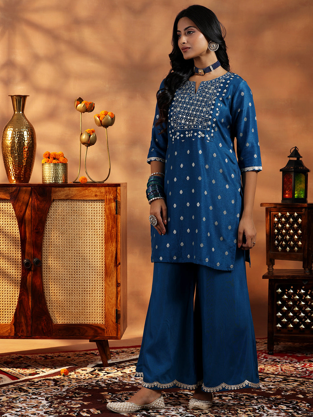 Libas Blue Woven Design Silk Blend Straight Suit With Dupatta - view 3