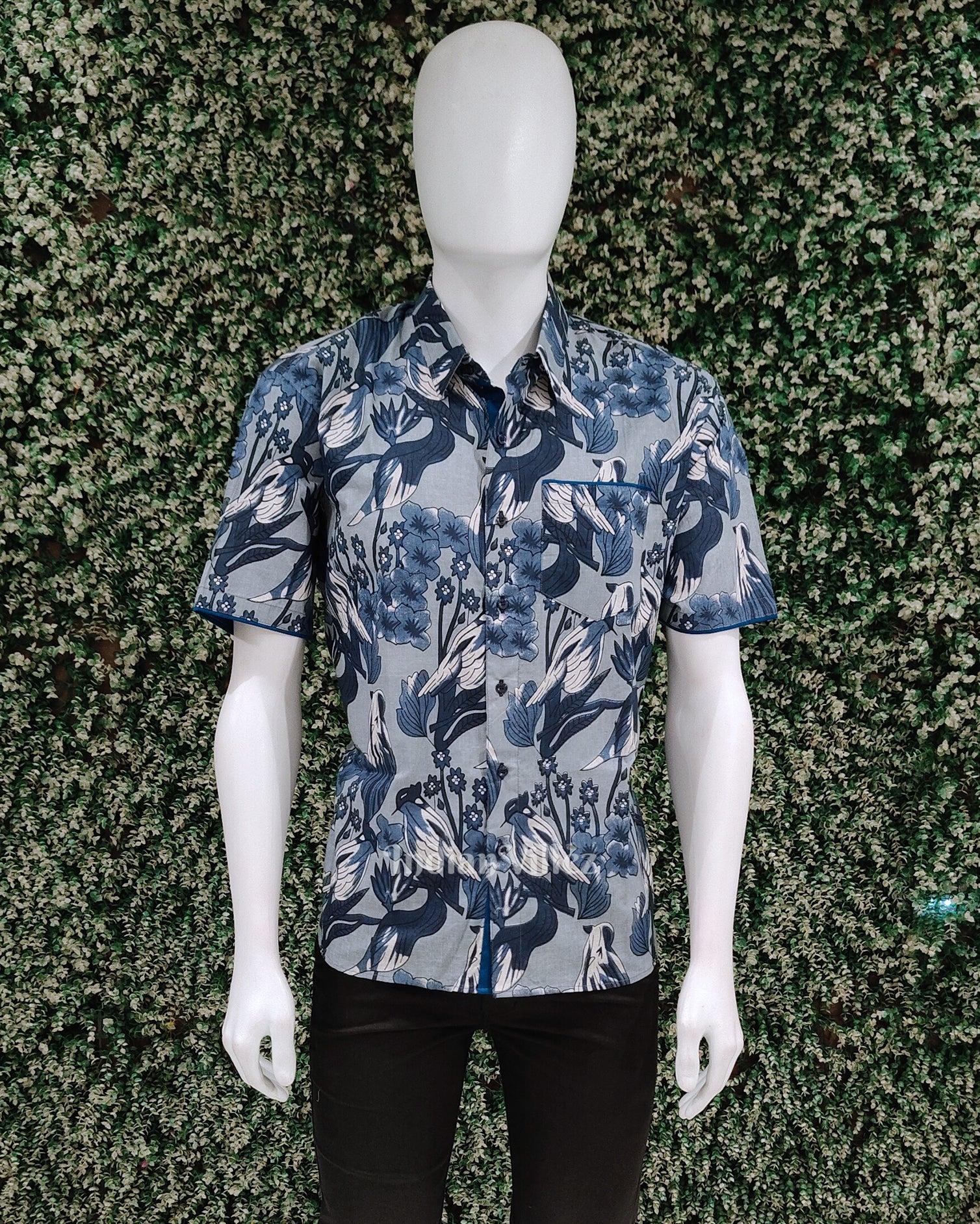 IndianVillèz Sky Blue Bird Design Block Printed Half Sleeve Shirt for Men