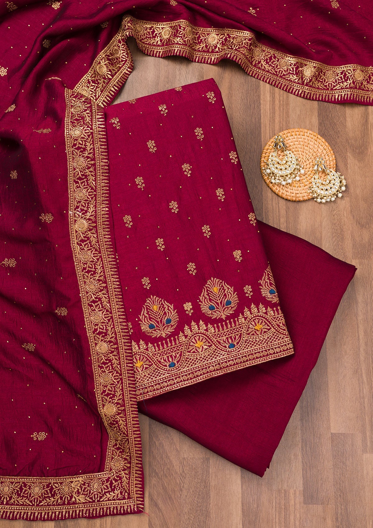 Koskii Maroon Zariwork Raw Silk Unstitched Salwar Suit