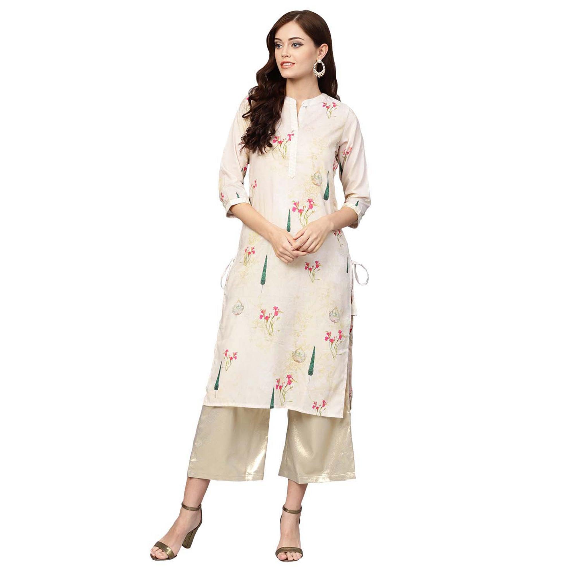Peachmode Hypnotic Off White Colored Casual Wear Printed Muslin Cotton Kurti
