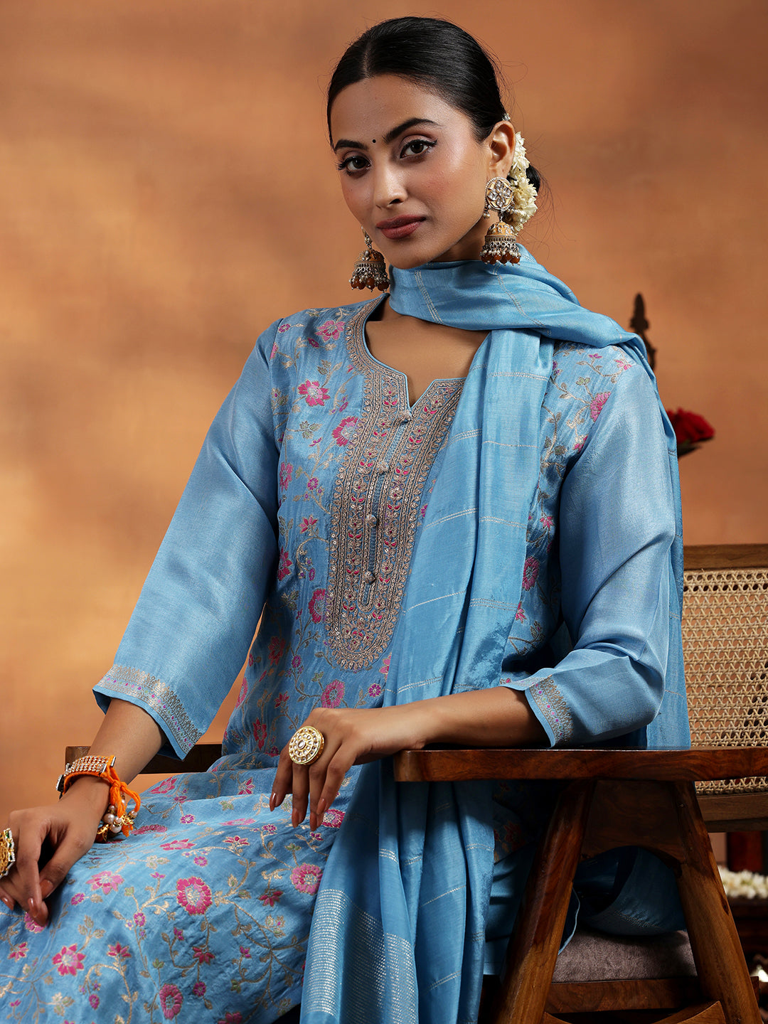 Libas Blue Woven Design Silk Blend Straight Suit With Dupatta - view 5