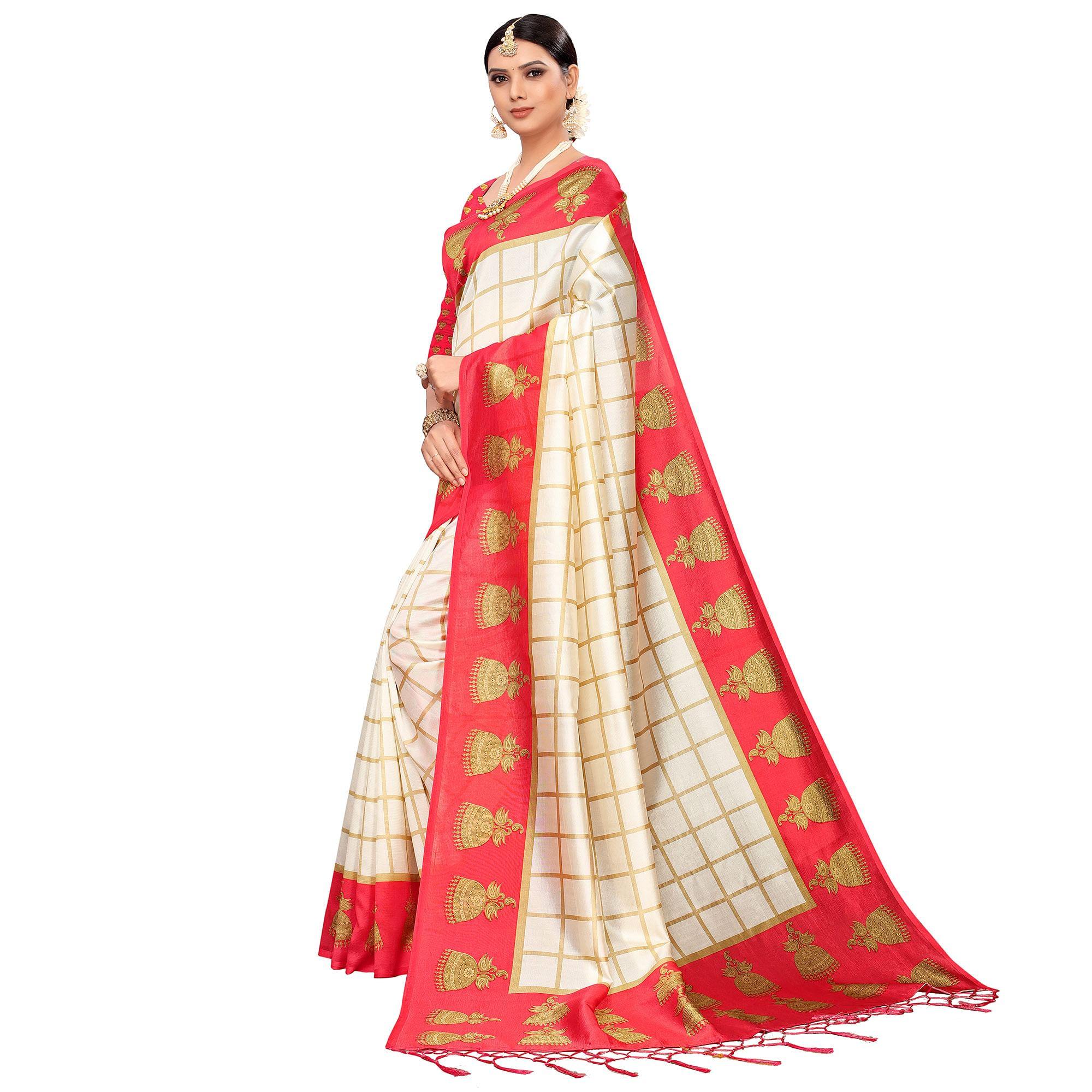 Peachmode Charming Off White-Red Colored Festive Wear Printed Mysore Silk Saree - view 3