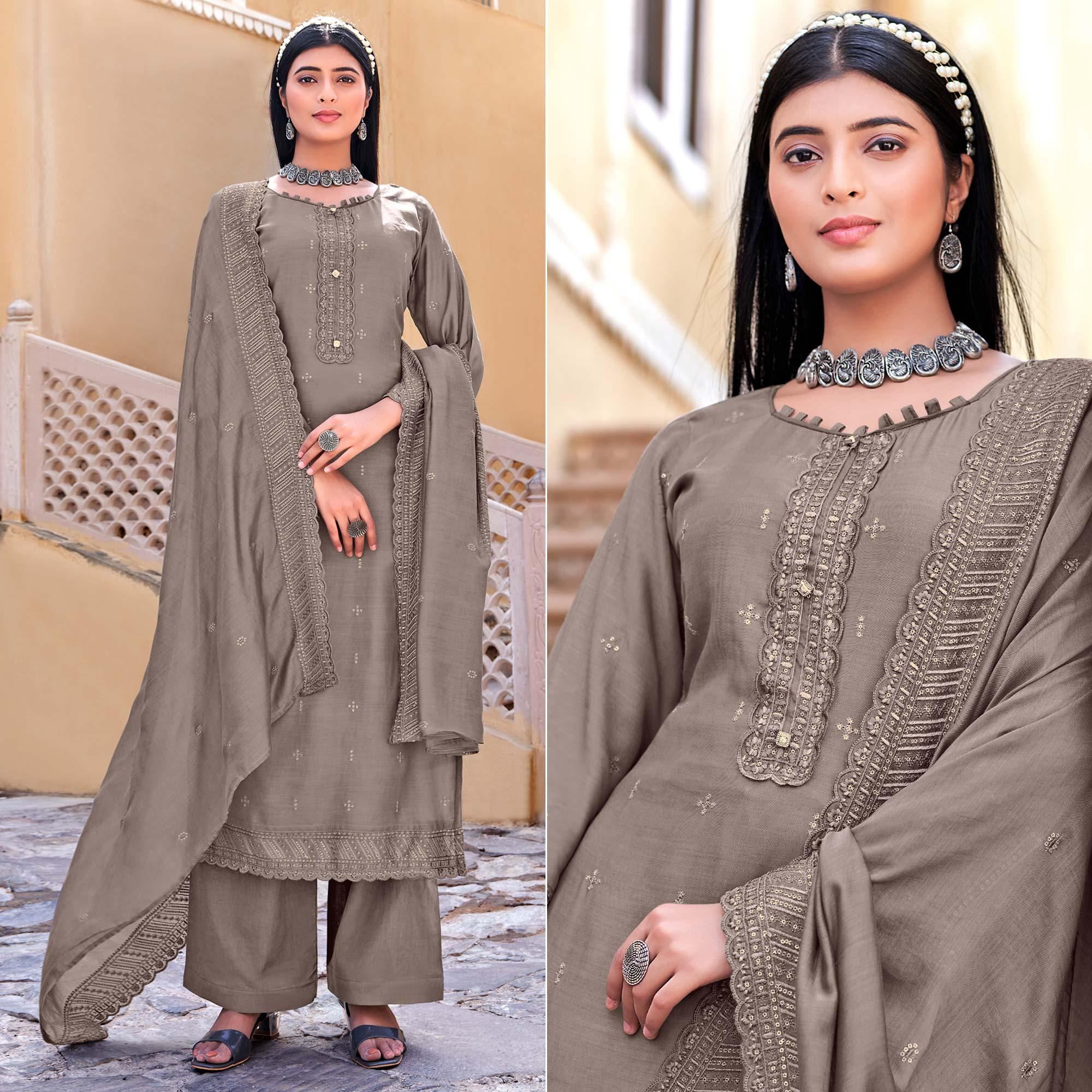 Peachmode Grey Sequins Floral Embroidered Muslin Suit