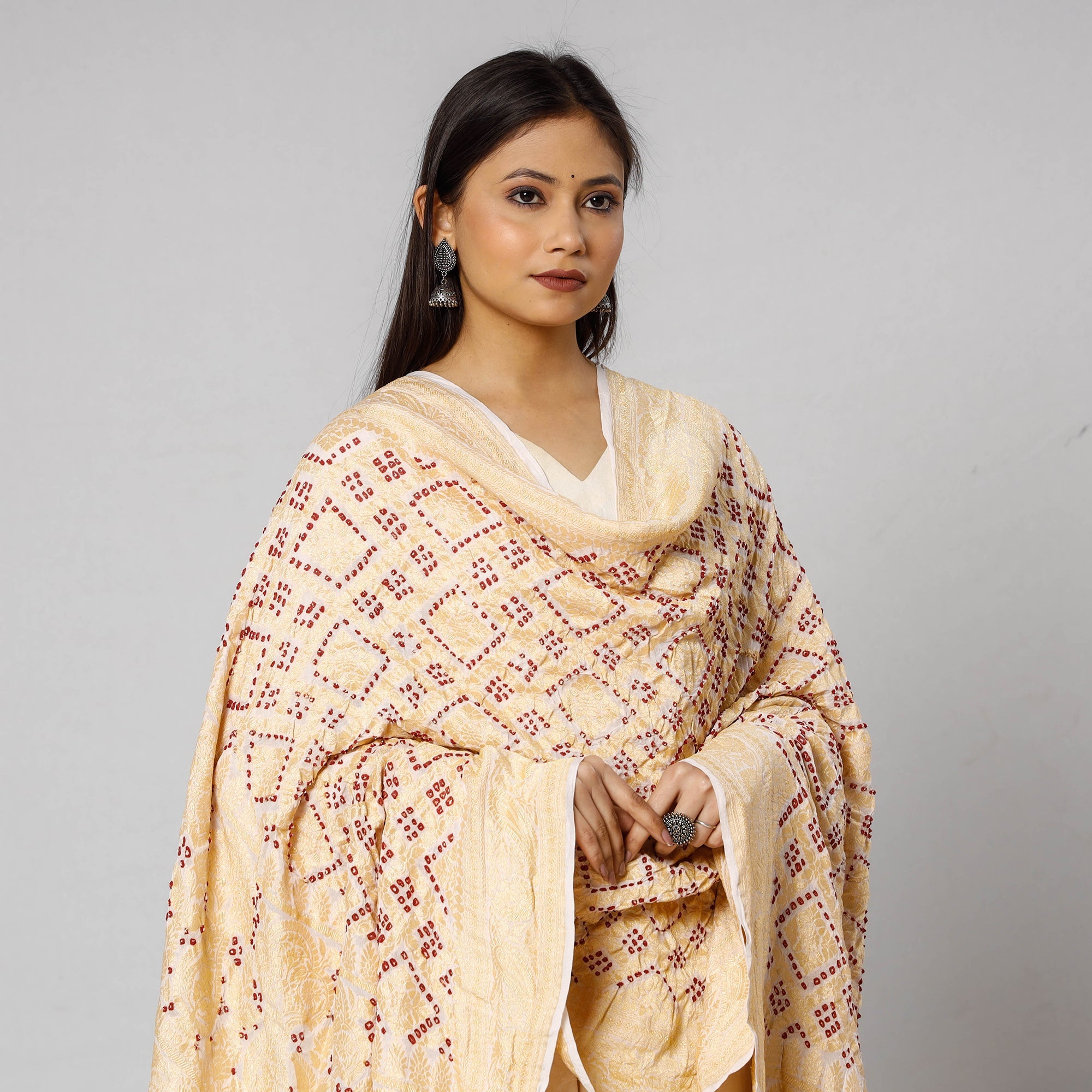 KACHCHH JI CHHAAP Beige - Traditional Kutch Neem Zari Jaal Work Bandhani Tie-Dye Georgette Banarasi Dupatta