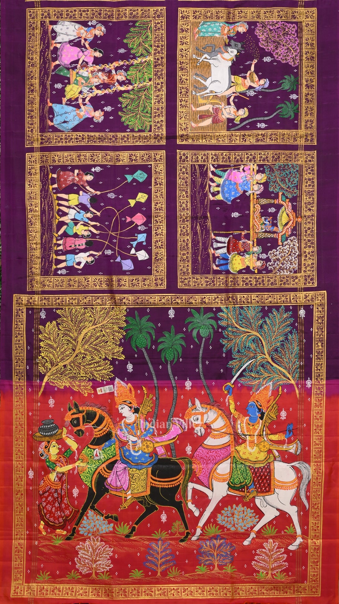 IndianVillèz Purple Orange Hindu Festival Hand-Painted Pattachitra Saree