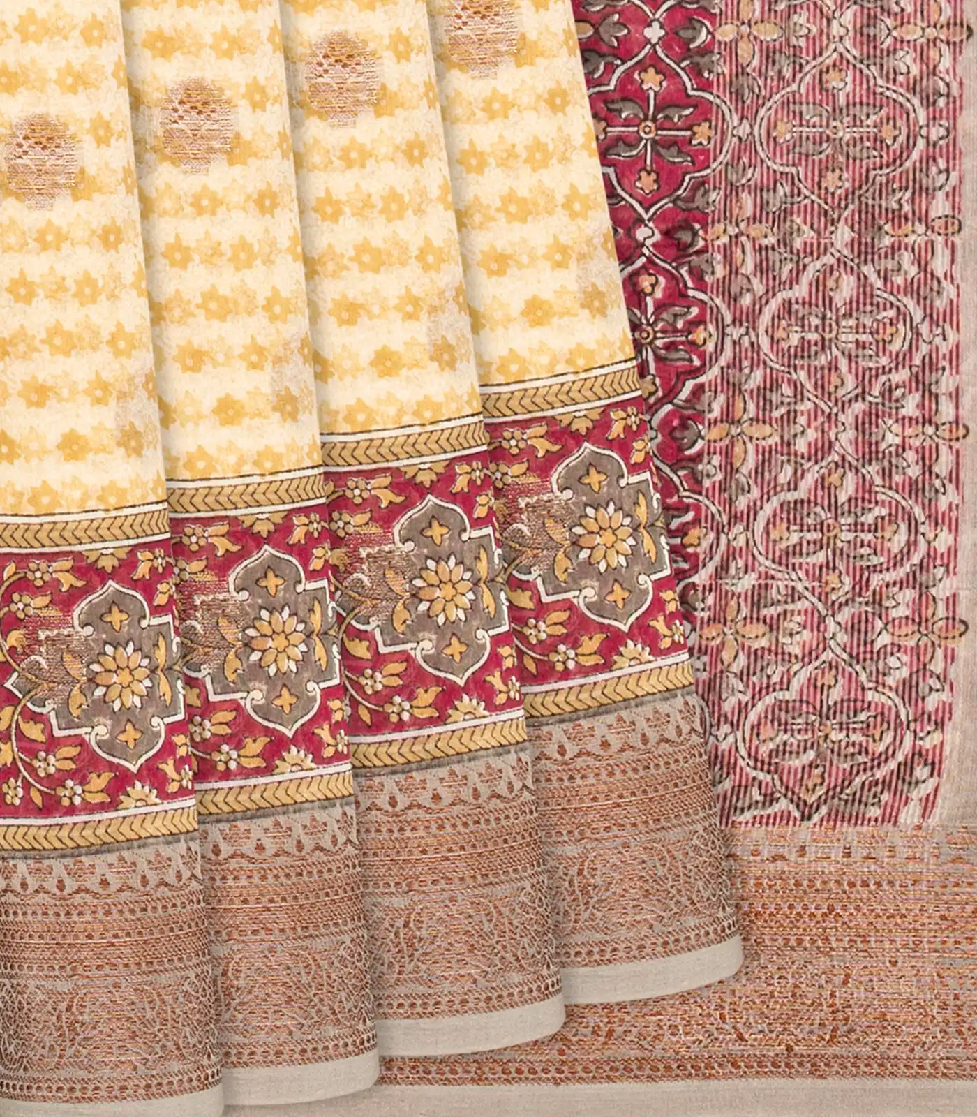 RmKV Cream Chanderi Cotton Saree Printed With Floral Motifs & Buttas-Cream