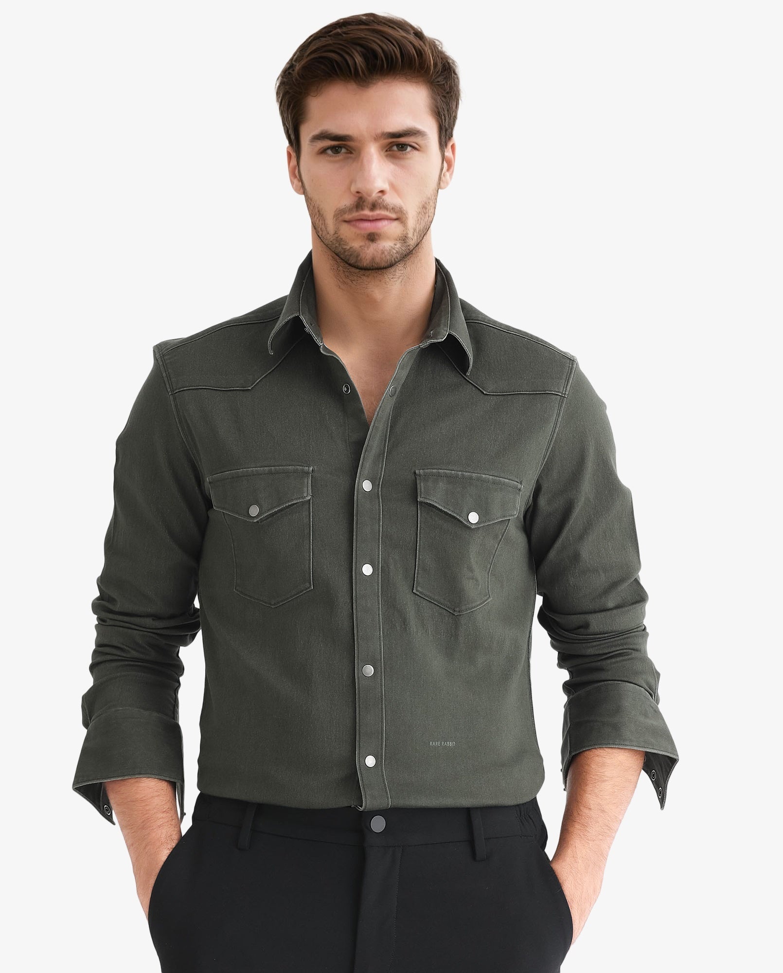 Rare Rabbit Men's Xenon Olive Cotton Polyester Fabric Full Sleeves Solid Shirt