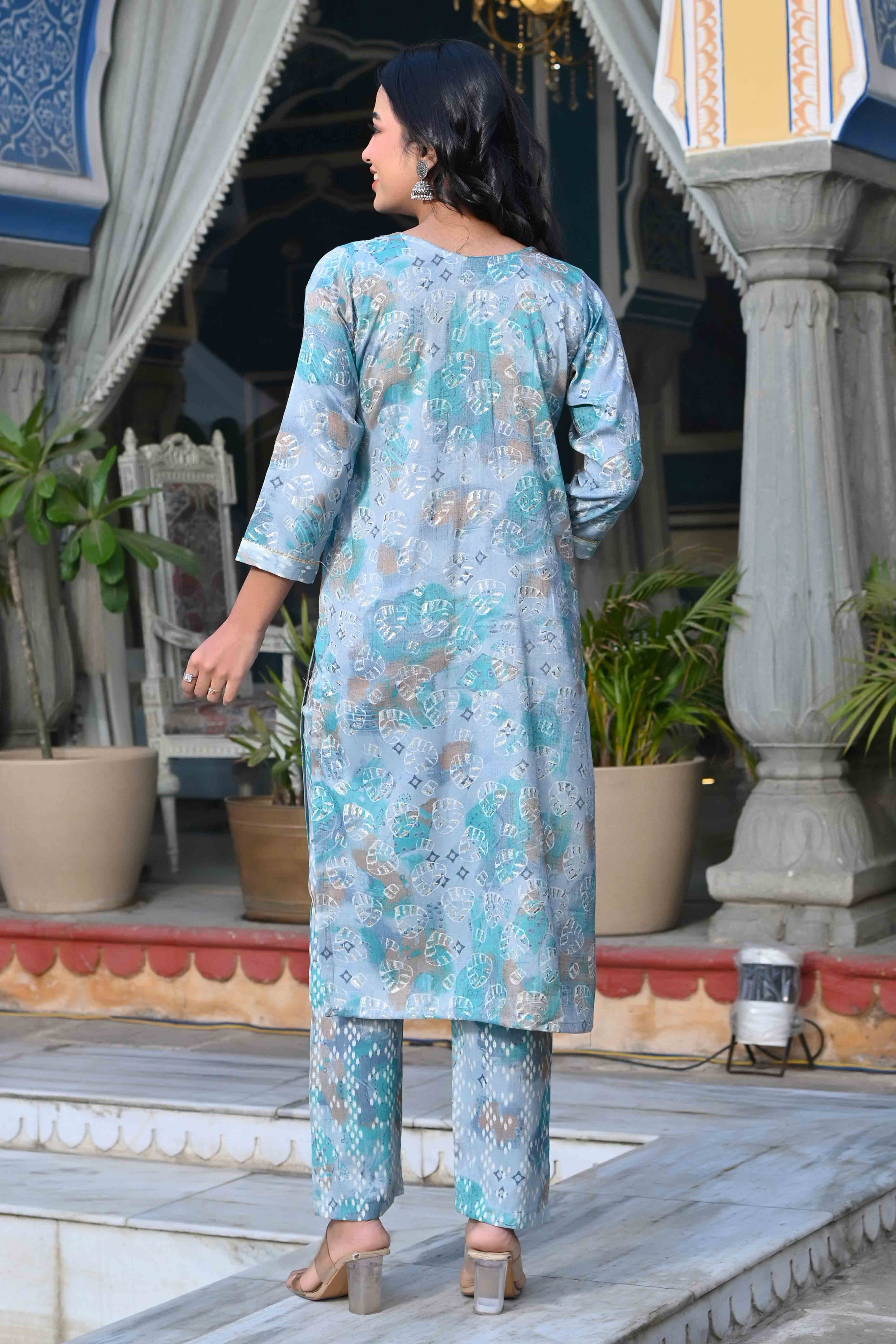 BlackTree grey-turquoise-floral-foil-printed-rayon-salwar-suit - view 3