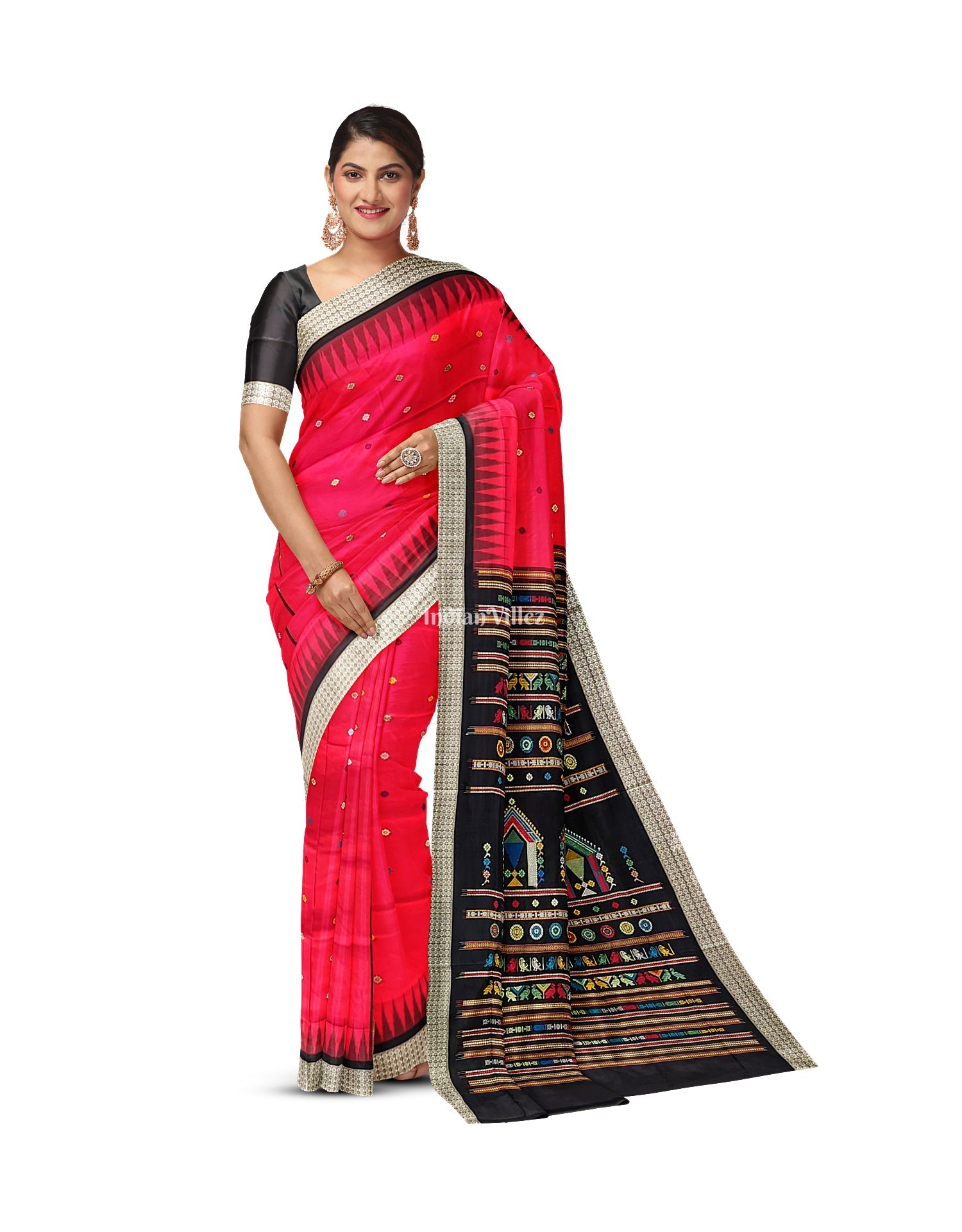 IndianVillèz Red Black Dolabedi Sambalpuri Bomkai Silk Saree