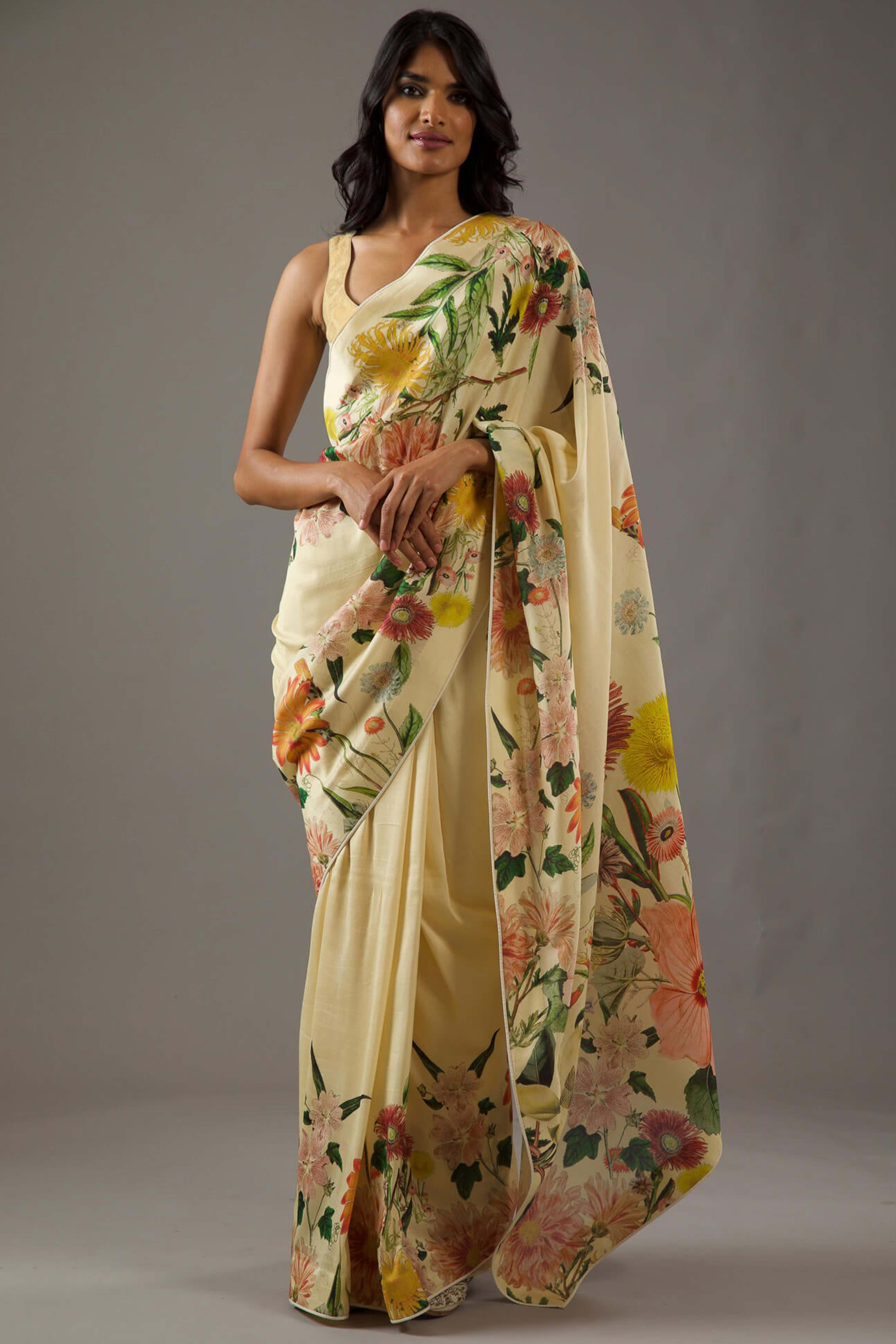 Peachmode Cream Floral Printed Chiffon Saree – Women's - view 3