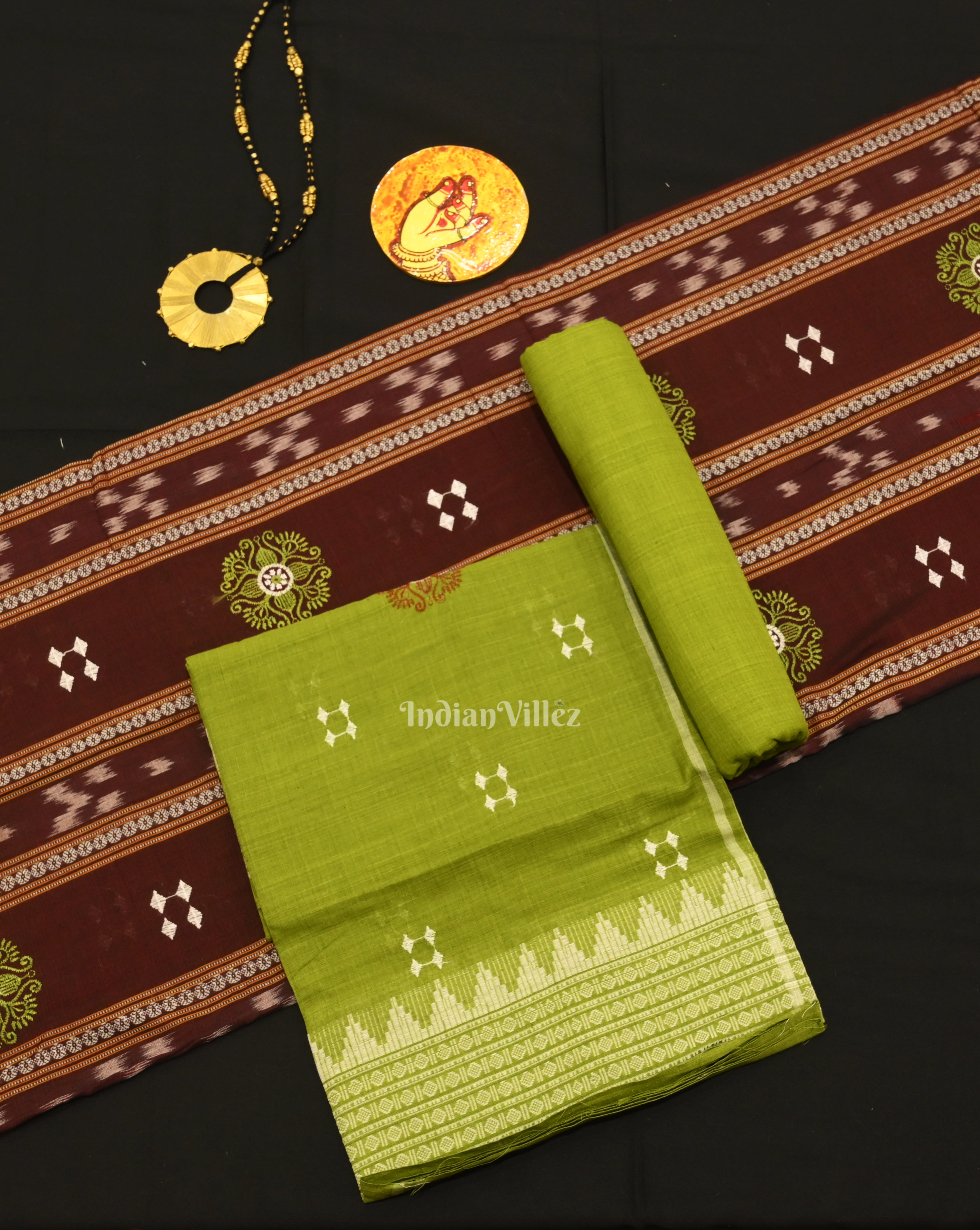 IndianVillèz Maroon Parrot Green Sambalpuri Bomkai Cotton Dress set with Dupatta