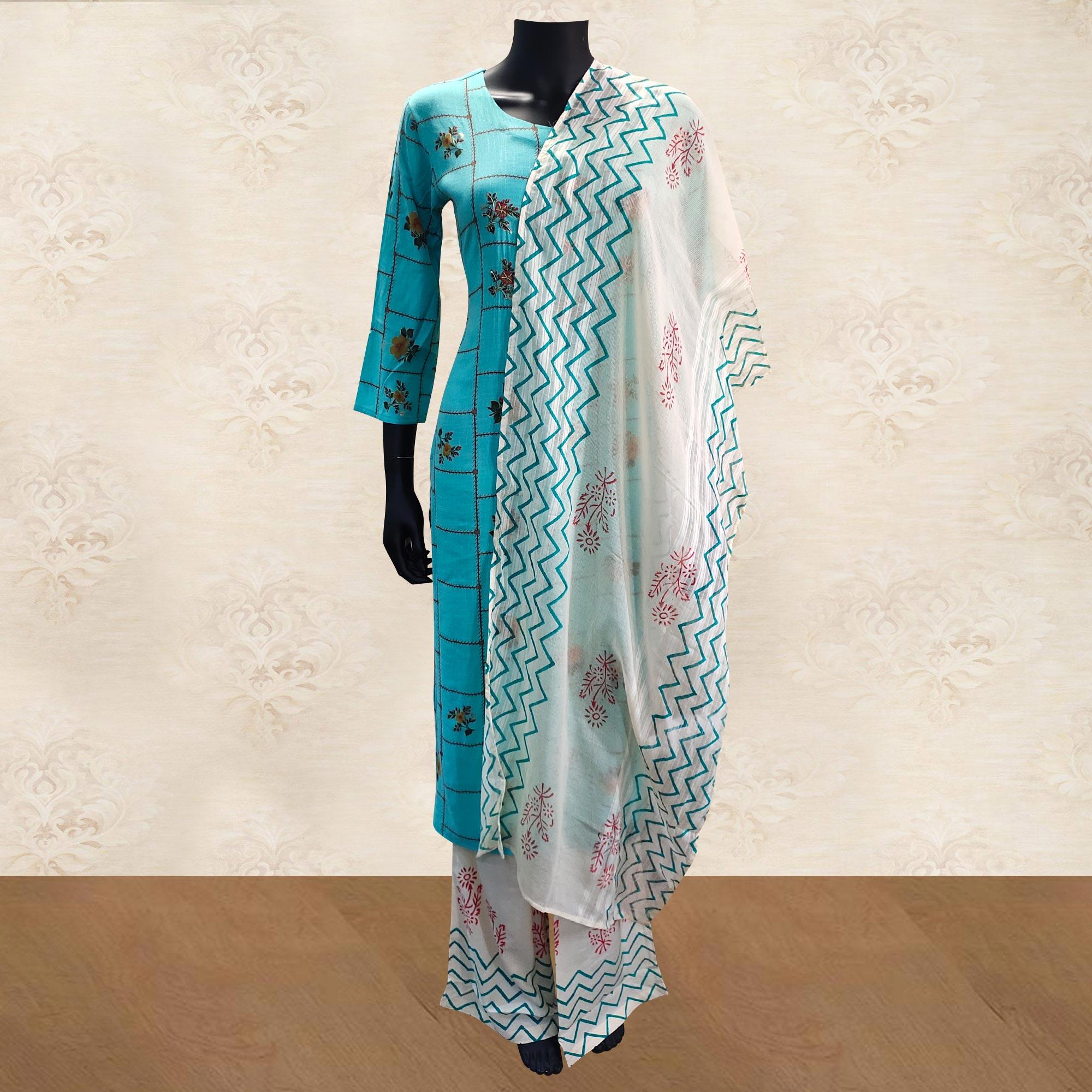 Peachmode Intricate Aqua Blue Colored Partywear Handwork Cotton Kurti-Palazzo Set With Dupatta