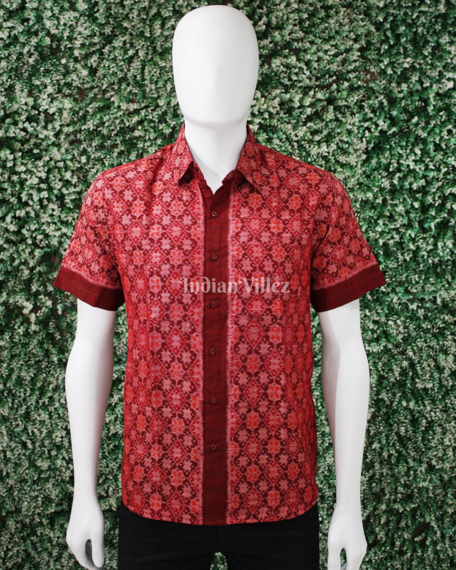 IndianVillèz Red Odisha Ikat Cotton Half Sleeve Shirt for Men