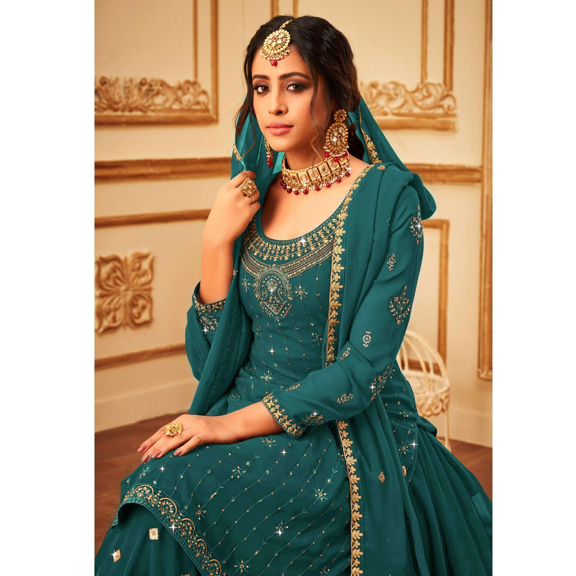 Peachmode Morpich Embroidered With Embellished Georgette Palazzo Suit - view 4