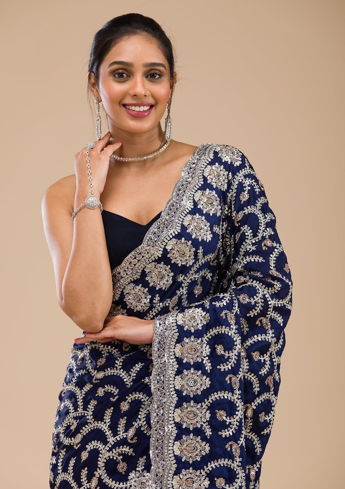 Koskii Navy Blue Zariwork Georgette Saree – Women's - view 6