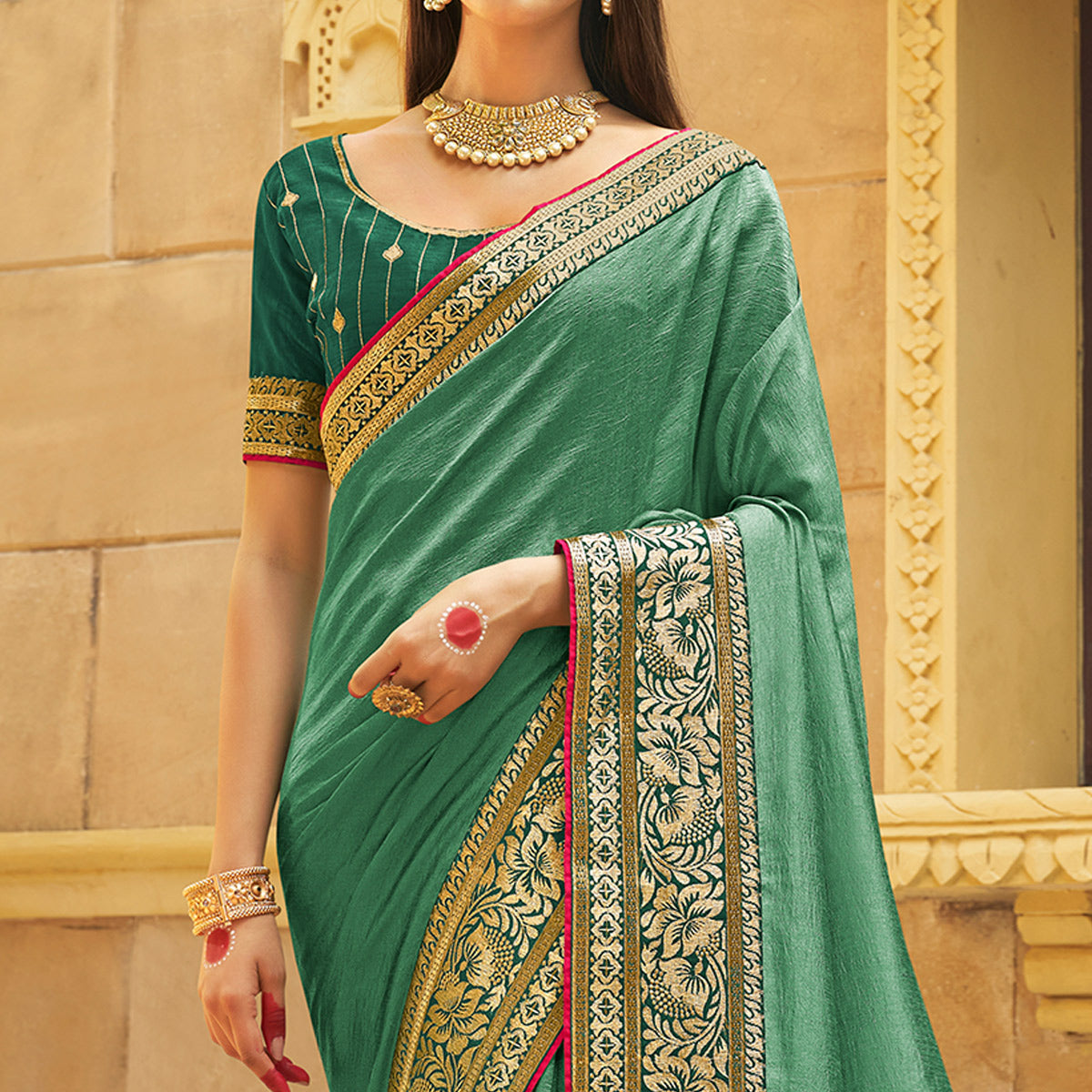Peachmode Dusty Green Solid With Embroidered Border Vichitra Silk Saree - view 2