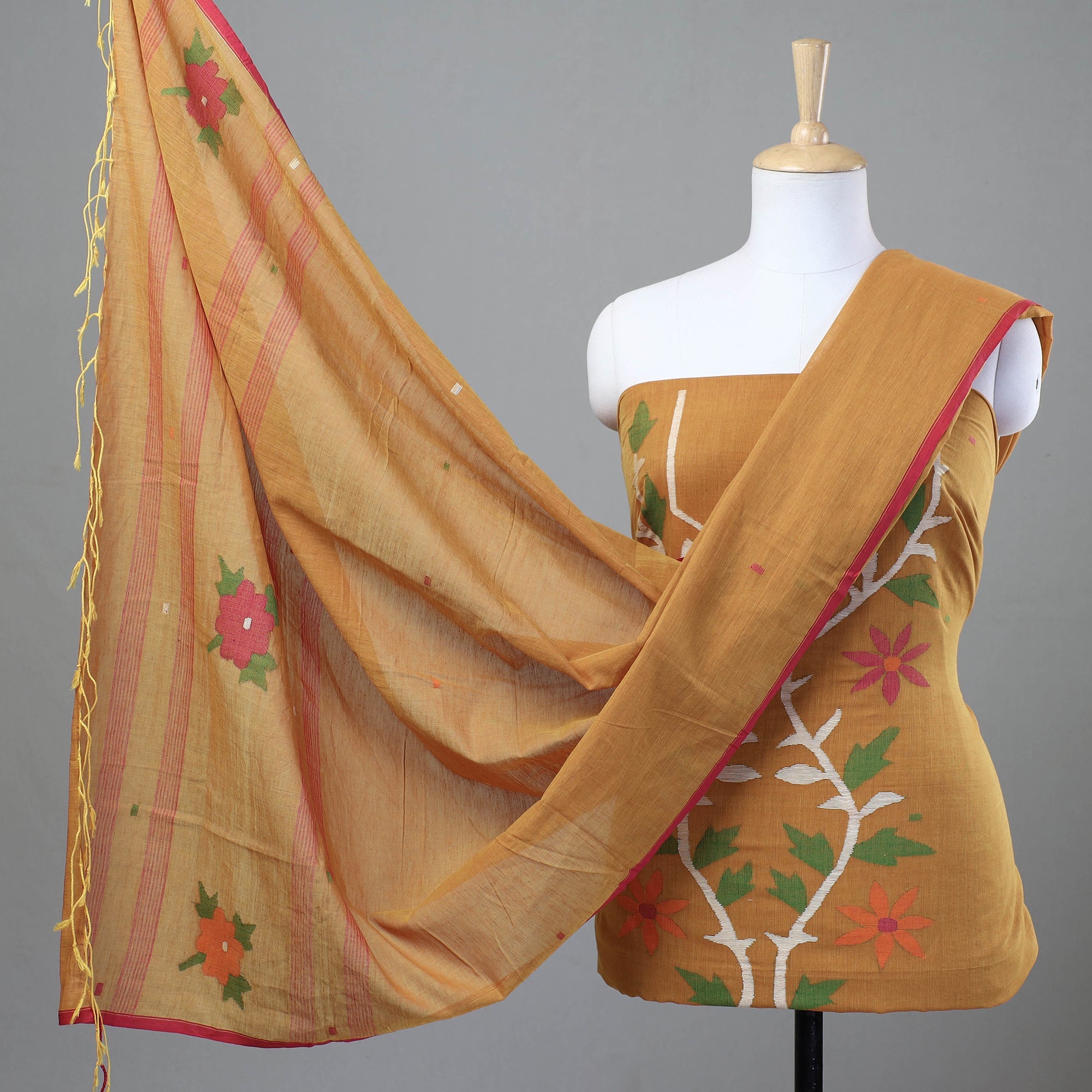 KHUSHBASH - HAPPY LOOM OF EAST Brown - 2pc Phulia Jamdani Weave Handloom Cotton Suit Material Set
