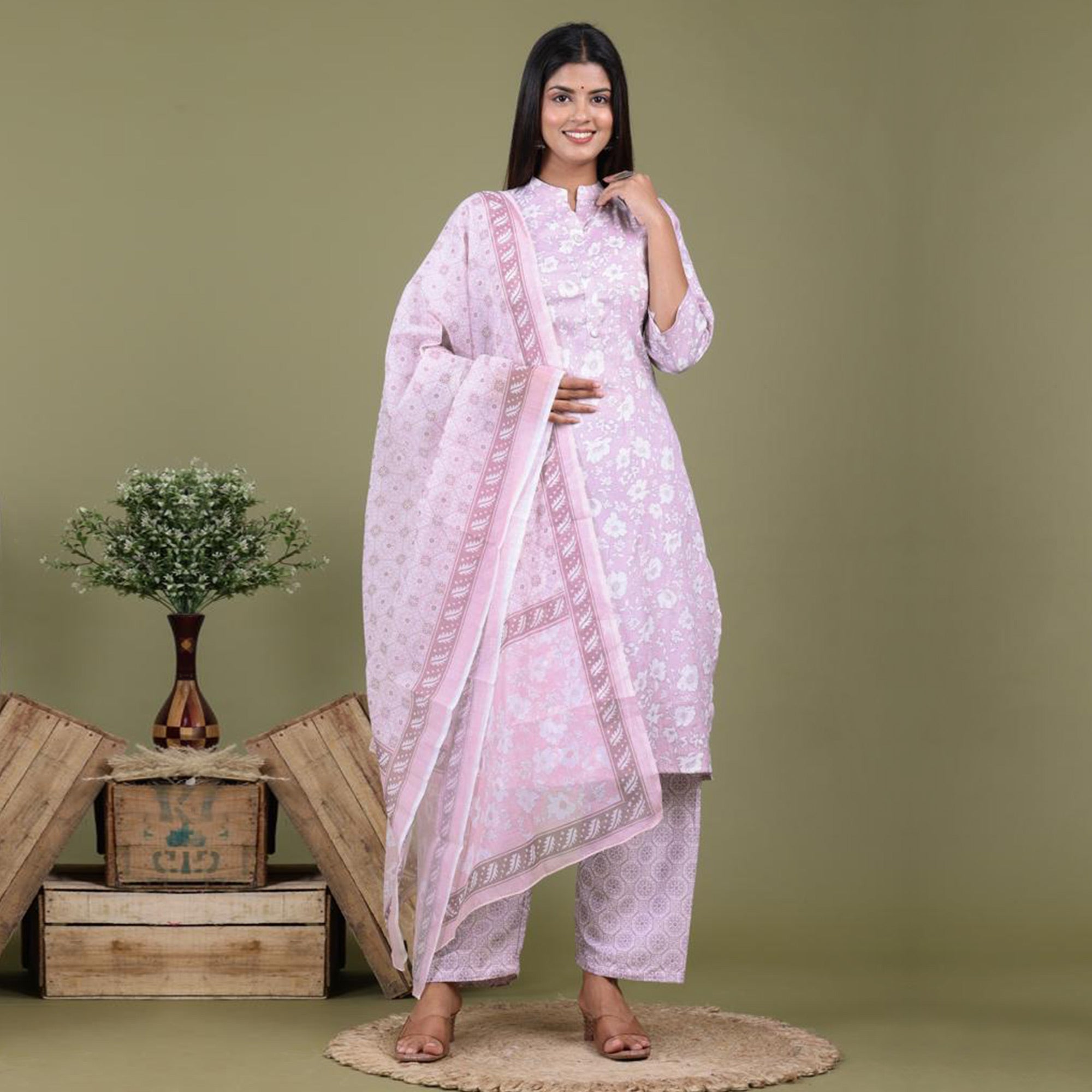 Peachmode Seller Lavender Floral Foil Printed Rayon Suit - view 2