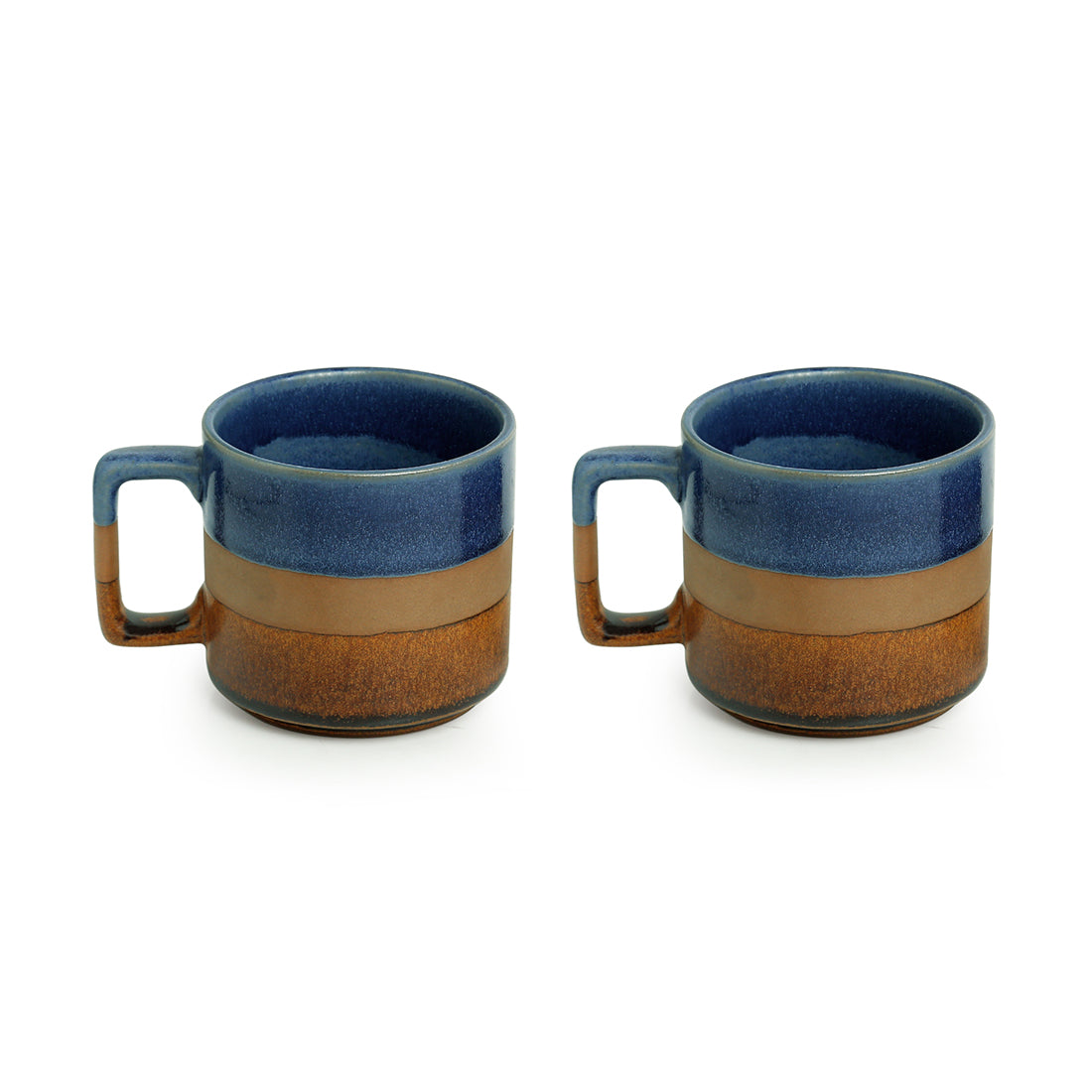 EXCLUSIVELANE 'Caramel Blues' Hand Glazed Studio Pottery Tea & Coffee Mugs In Ceramic (Set of 2, 360 ML, Microwave Safe) - view 2