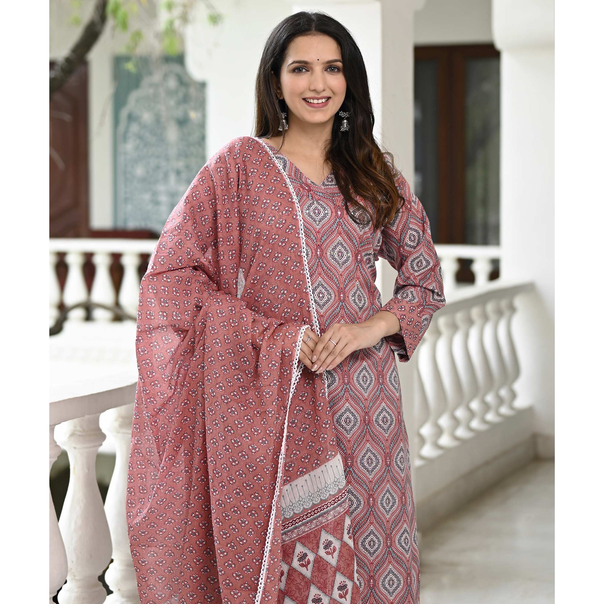 Peachmode Mauve Printed Pure Cotton Suit - view 7