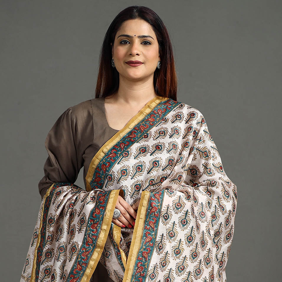 ARTISAN HAND BLOCK PRINTS Brown - Handloom Chanderi Silk Sanganeri Print Dupatta 28 - view 4