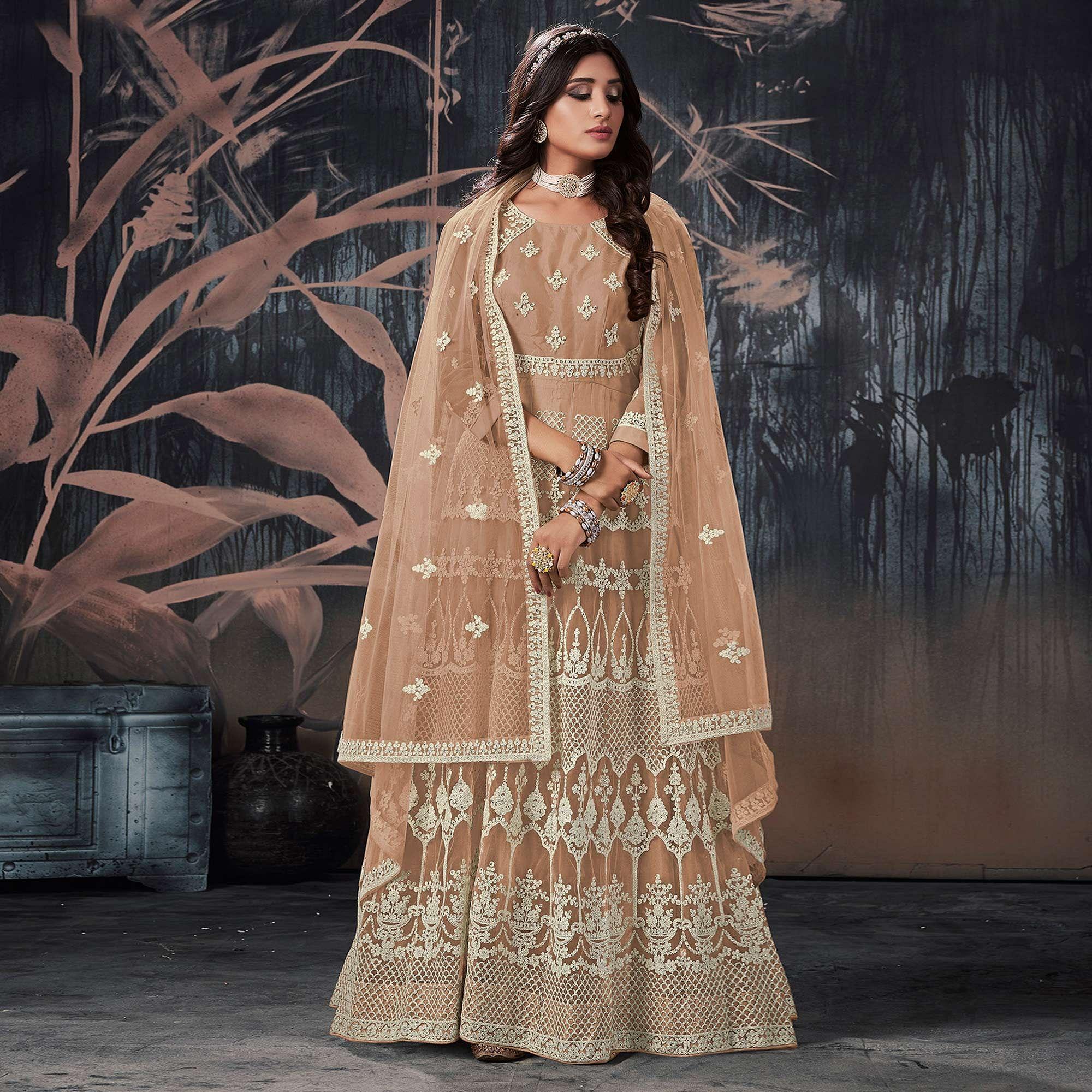 Peachmode Seller Brown Partywear Embroidery With Embellished Net Gown