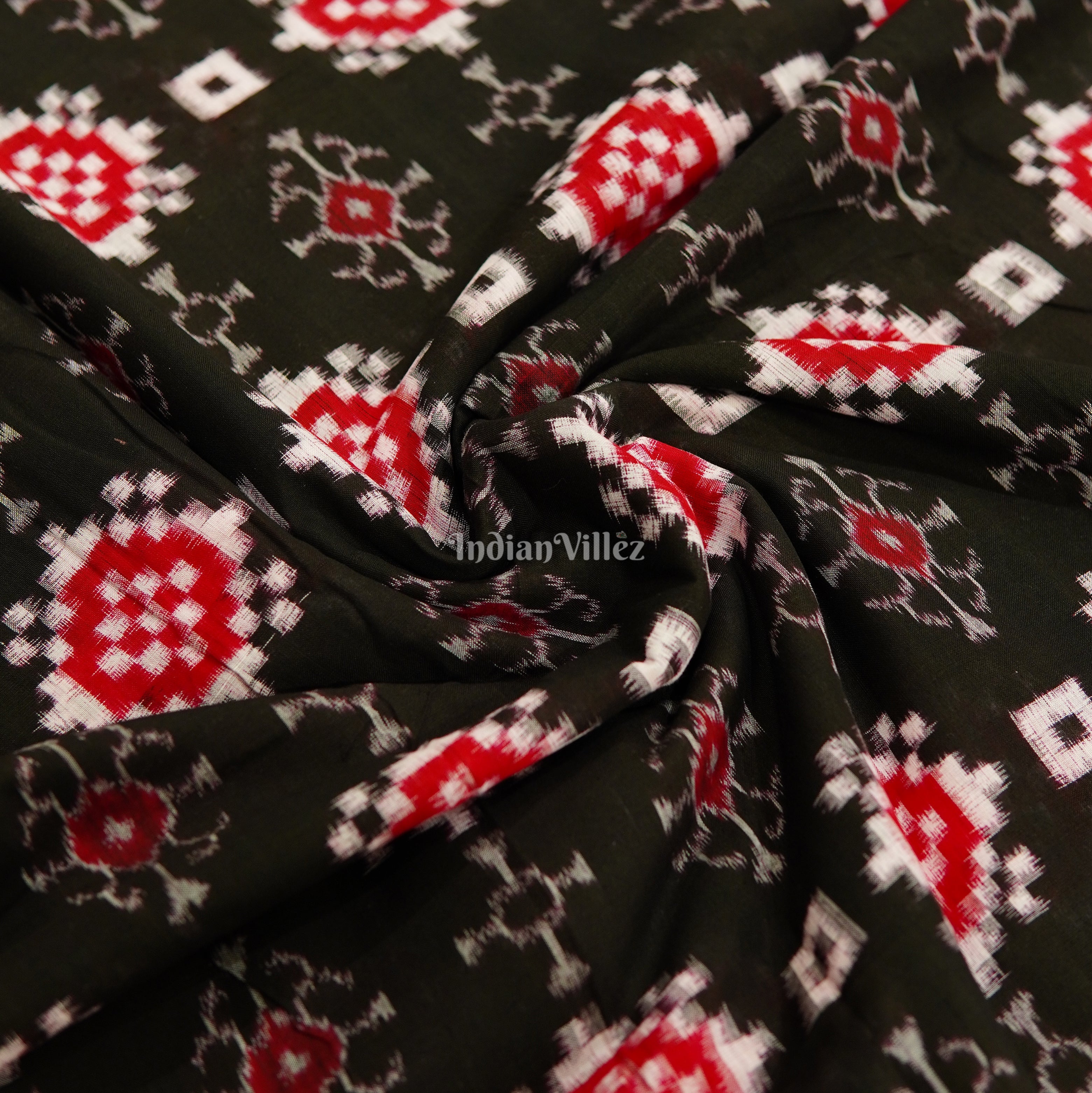 IndianVillèz Black With Red Pasapalli Theme Sambalpuri Ikat Cotton Fabric