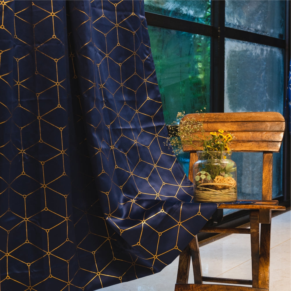 Urban Space -Home Furnishing Store Gold Foil Printed 80-85% Blackout Curtains - Pack of 1 Curtain - Navy Blue