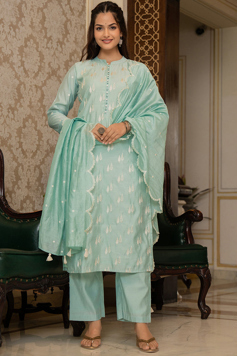 Ahika Sea Green Silk Blend Solid Embroidered Straight Suit Set With Trouser Bottom PKSKD2686