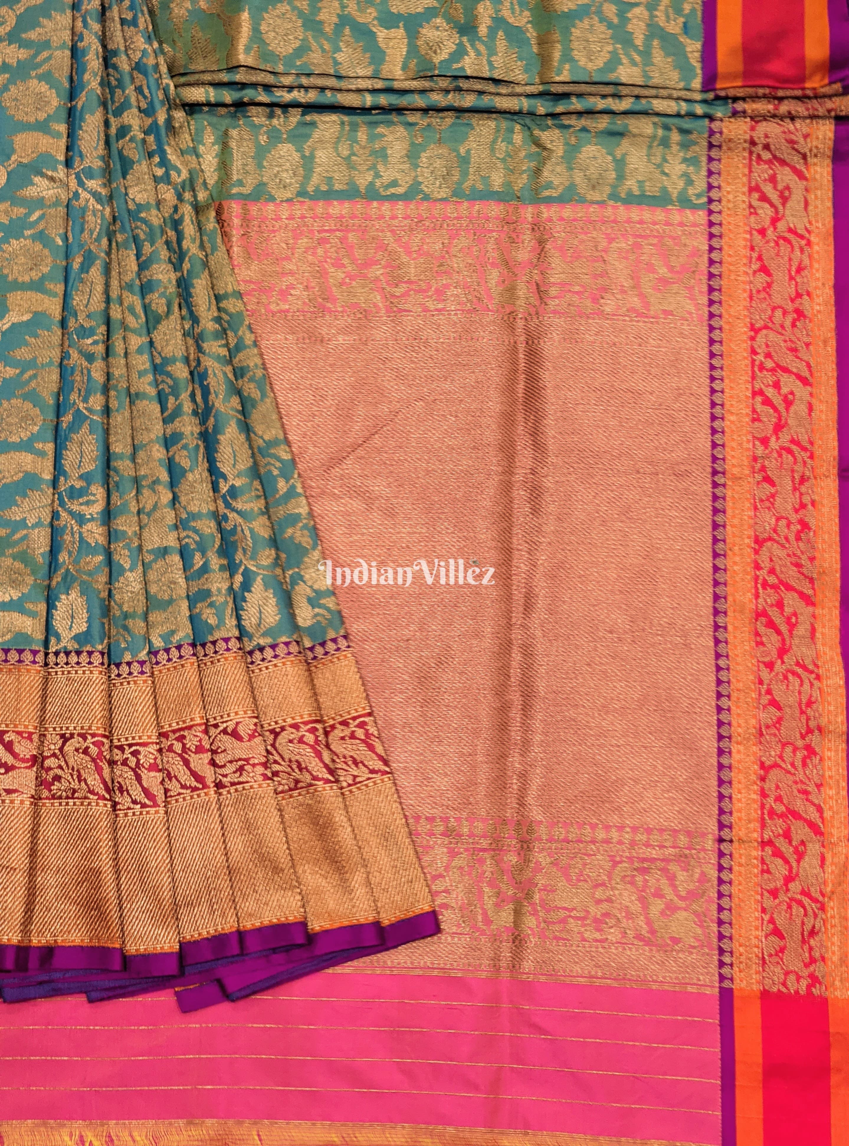 IndianVillèz Green Goldfish Dual Tone Animal Motif Katan Banarasi Shikargah Saree