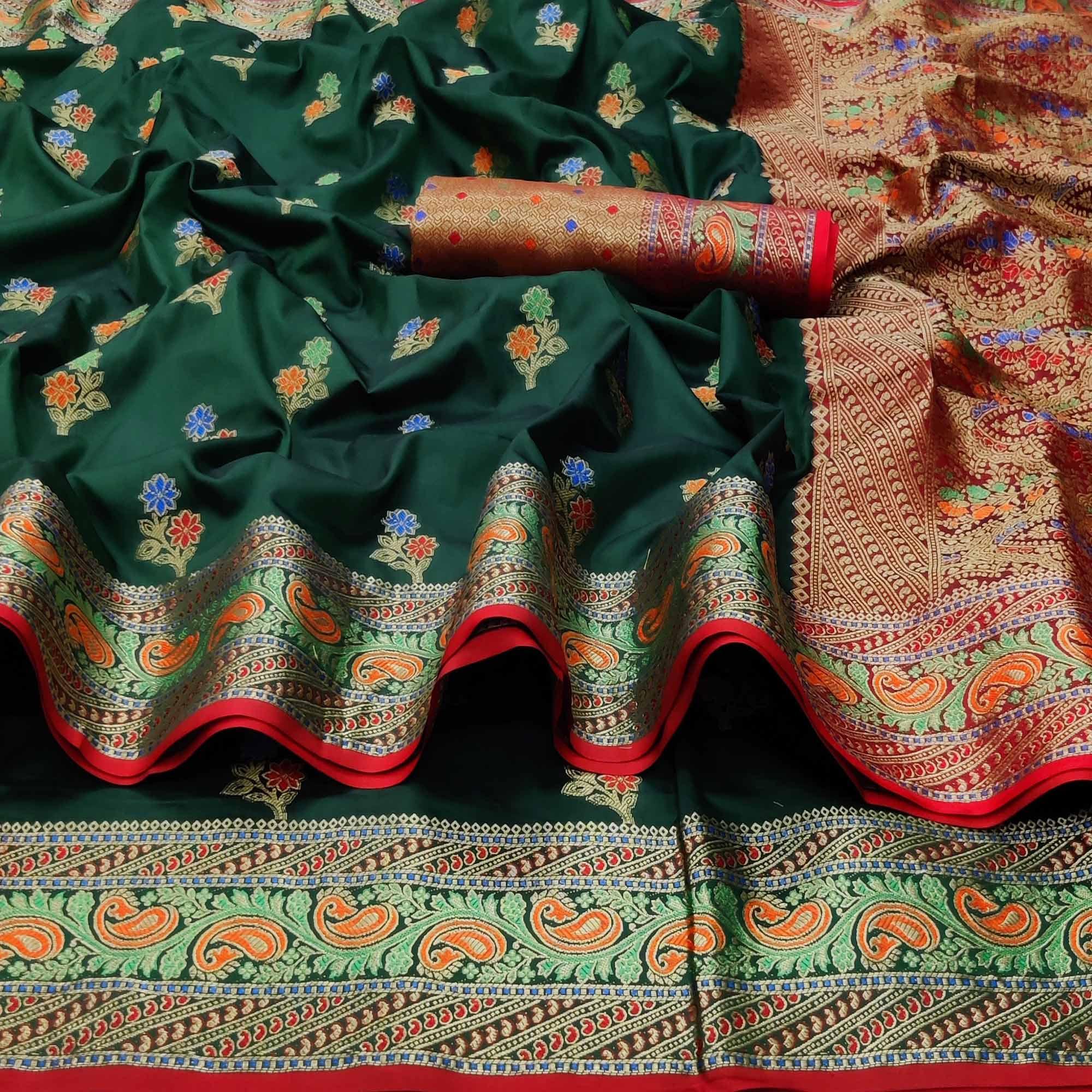 Peachmode Bottle Green Festive Wear Floral Woven Soft Silk Saree With Jacquard Border - view 3