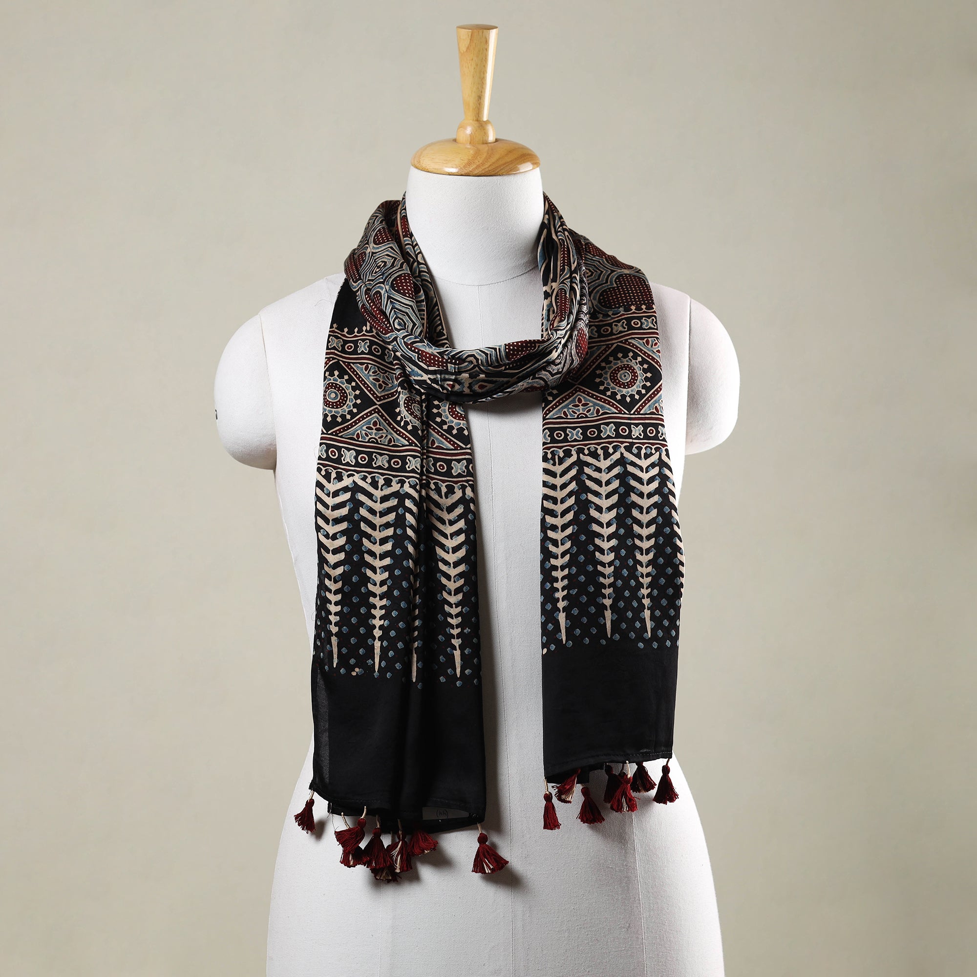 RIYAZ ABDULMAJID KHATRI - AJRAKH Black - Ajrakh Hand Block Printed Modal Silk Stole with Tassels
