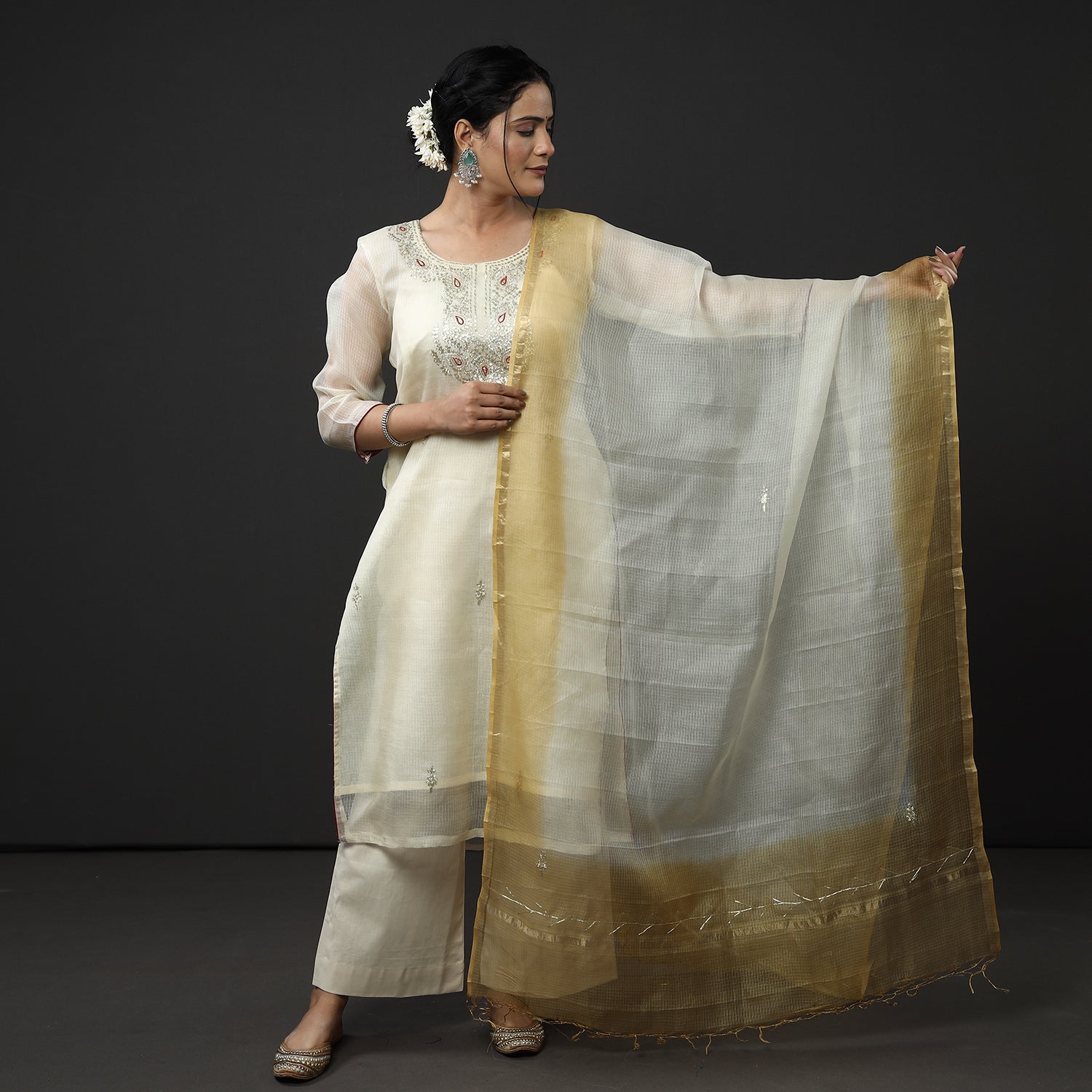 ITOKRI CASUALS Beige - Cream Kota Doria Pure Silk Kurta with Palazzo & Dupatta Set