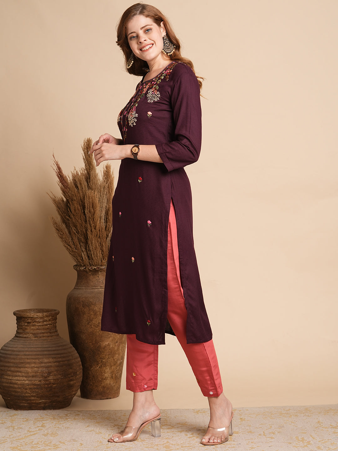FASHOR Ethnic Woven & Floral Hand Embroidered Straight Fit Kurta - Burgundy - view 3