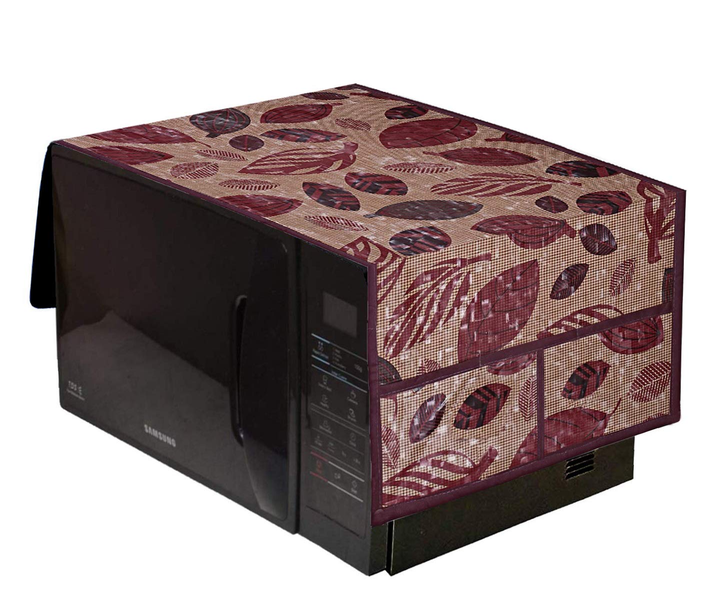 Kuber Industries Leaf Design PVC Microwave Oven Top Cover 30 Liter with Utility 4 Pockets (Gold) - CTKTC040718