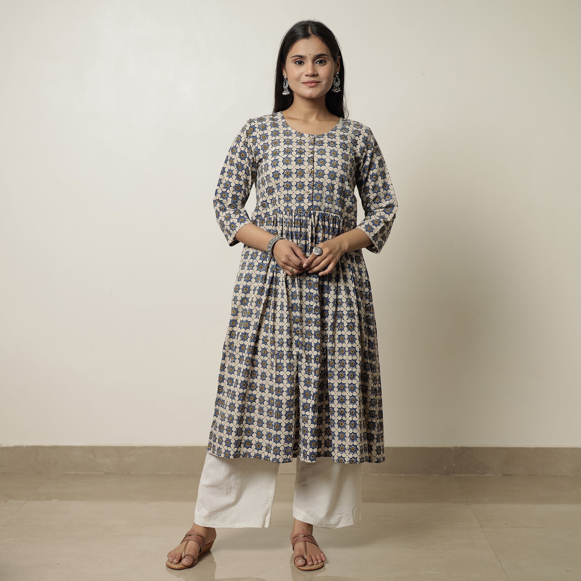 ITOKRI CASUALS Beige - Ajrakh Block Printed Cotton Flared Kurta 02 - view 2