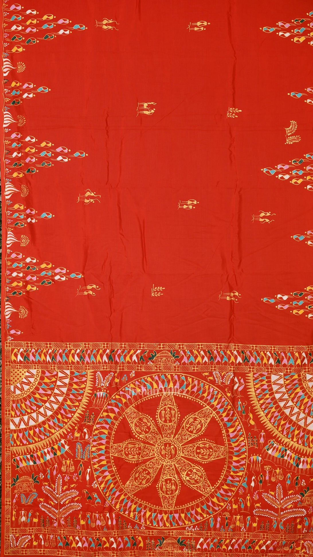 IndianVillèz Fine & Elegant Orange Tribal Theme Hand-Painted Pattachitra Saree - view 2