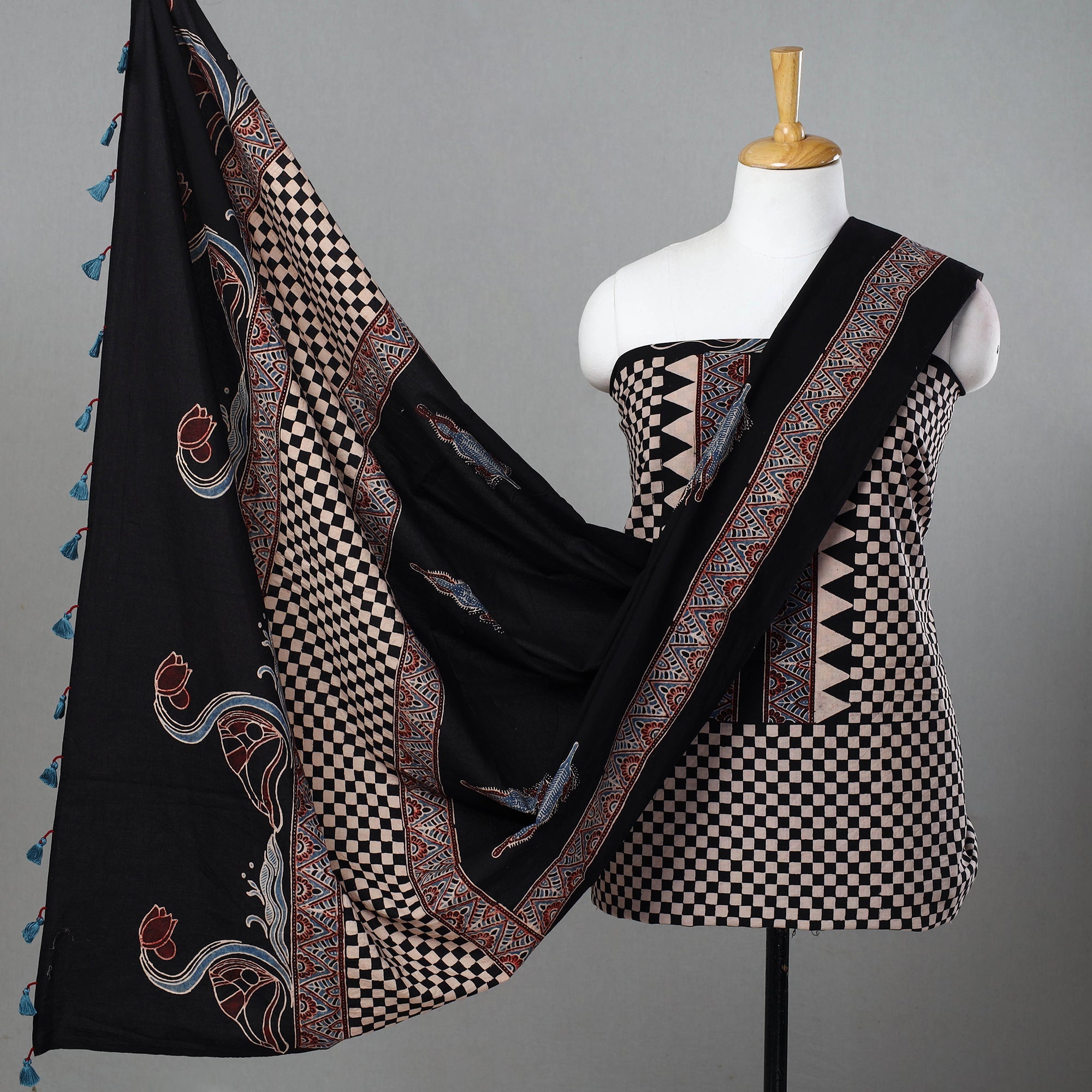 AJRAKH BY SUFIYAN ISMAIL KHATRI Black - Hand Block Print Cotton 3pc Ajrakh Dress Material 12