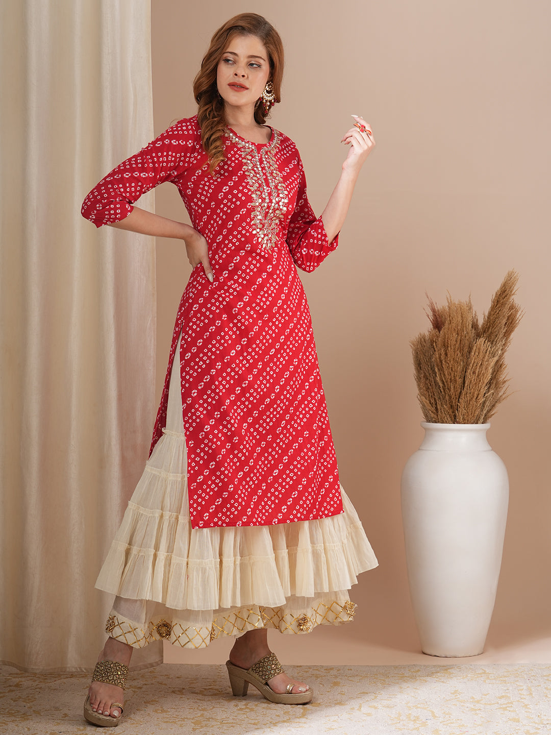 FASHOR Bandhani Printed & Gota Patti Embroidered Straight Fit Kurta - Red - view 5