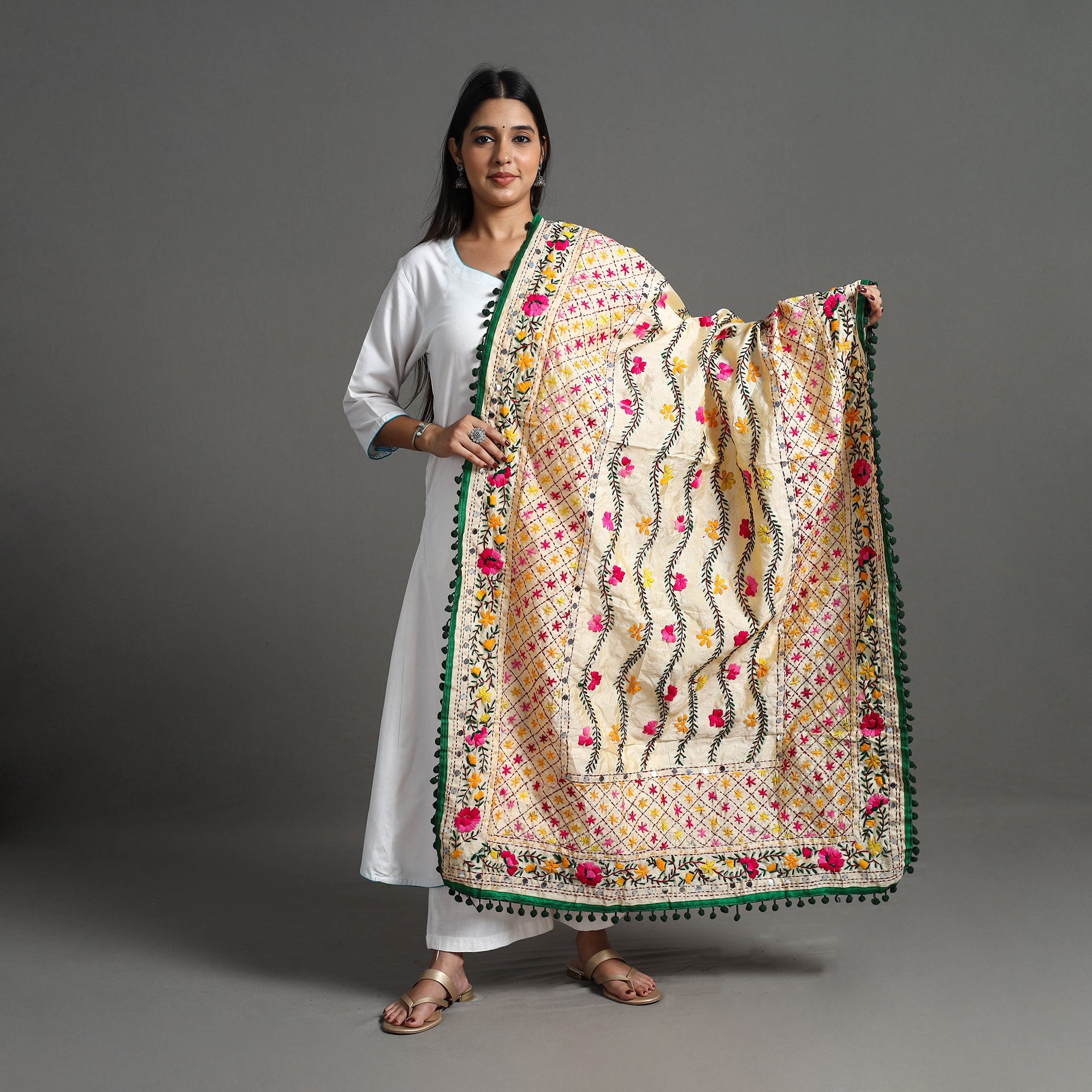 ITOKRI CRAFTS INITIATIVE Beige - Hand Embroidery Chanderi Silk Phulkari Dupatta 71