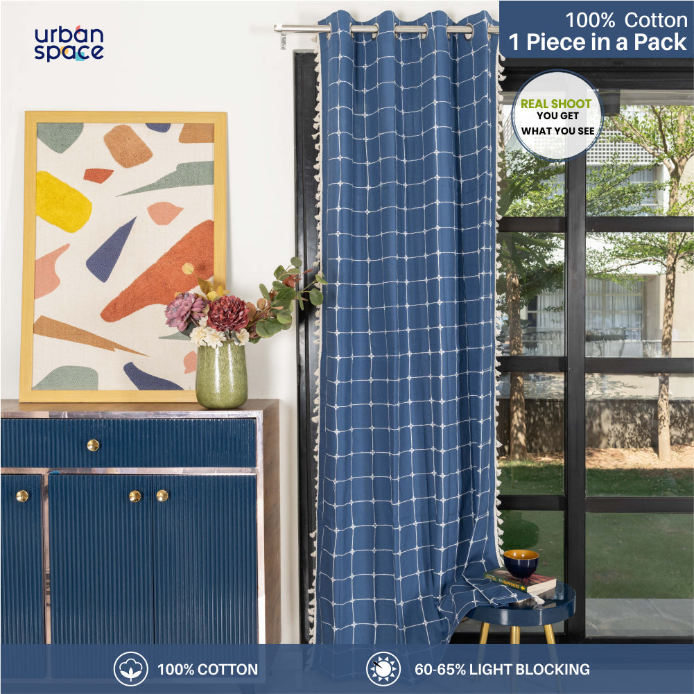 Urban Space -Home Furnishing Store Premium 100% Cotton Embroidery Curtain for Window & Door - Pack of 1 Curtain, Indigo Checks - view 2
