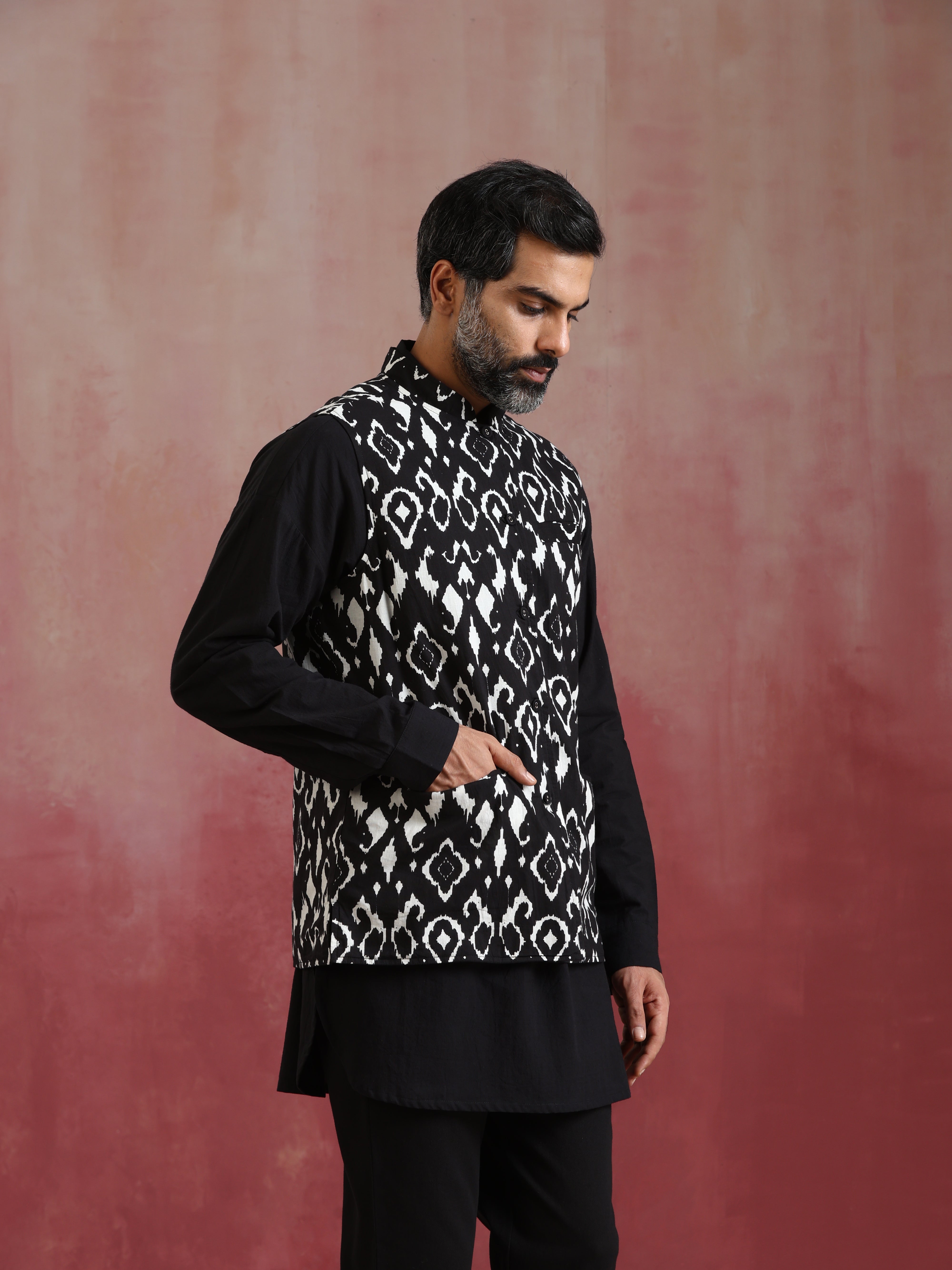 trueBrowns Men's Black Ikat Reversible Nehru Jacket - view 5