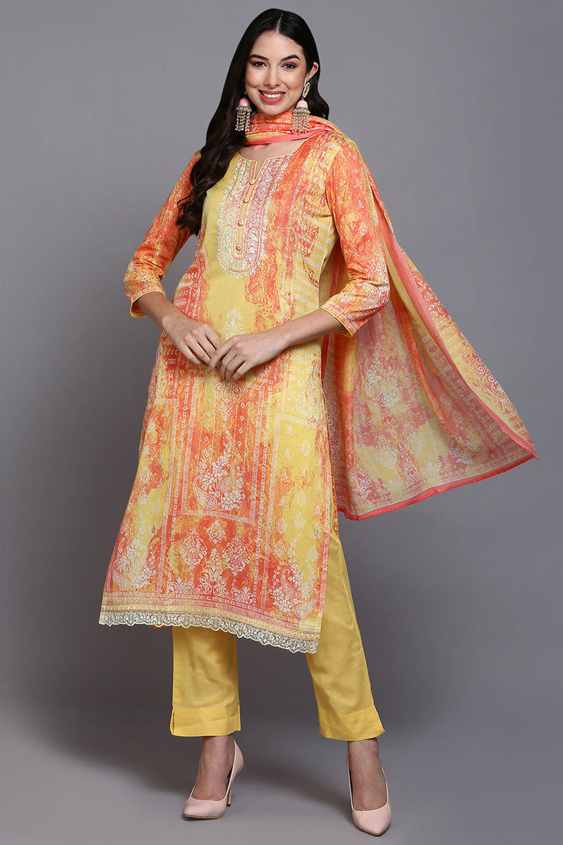 Ahika Cotton Yellow Printed Straight Kurta Pant With Dupatta VKSKD1916