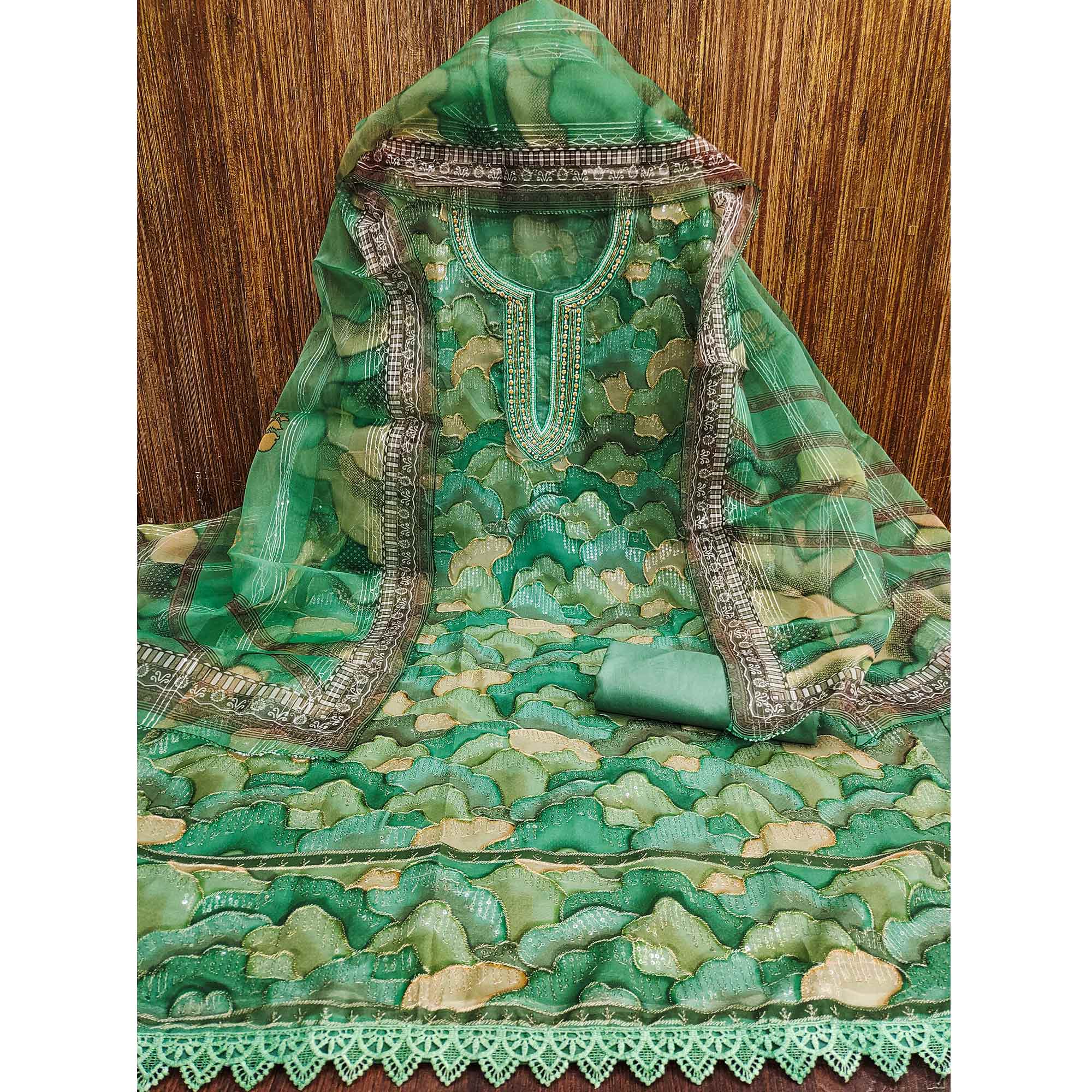 BlackTree green-sequins-embroidered-organza-dress-material-2 - view 3