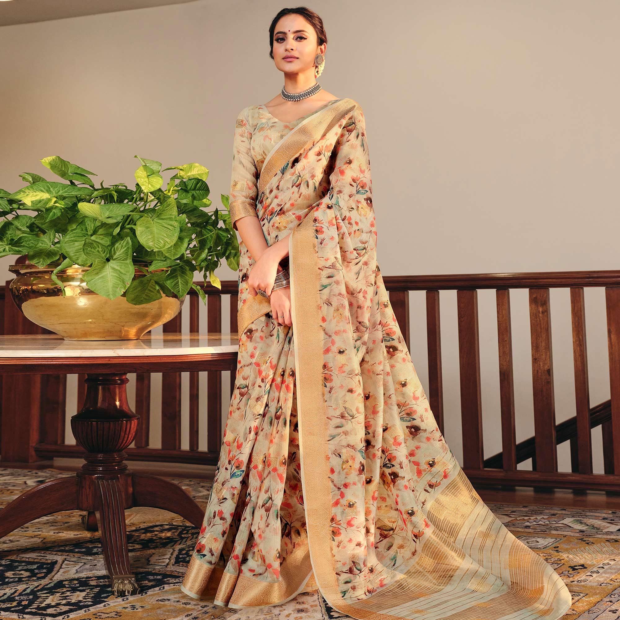 Peachmode Lovely Beige Colored Party Wear Digital Printed Linen Saree