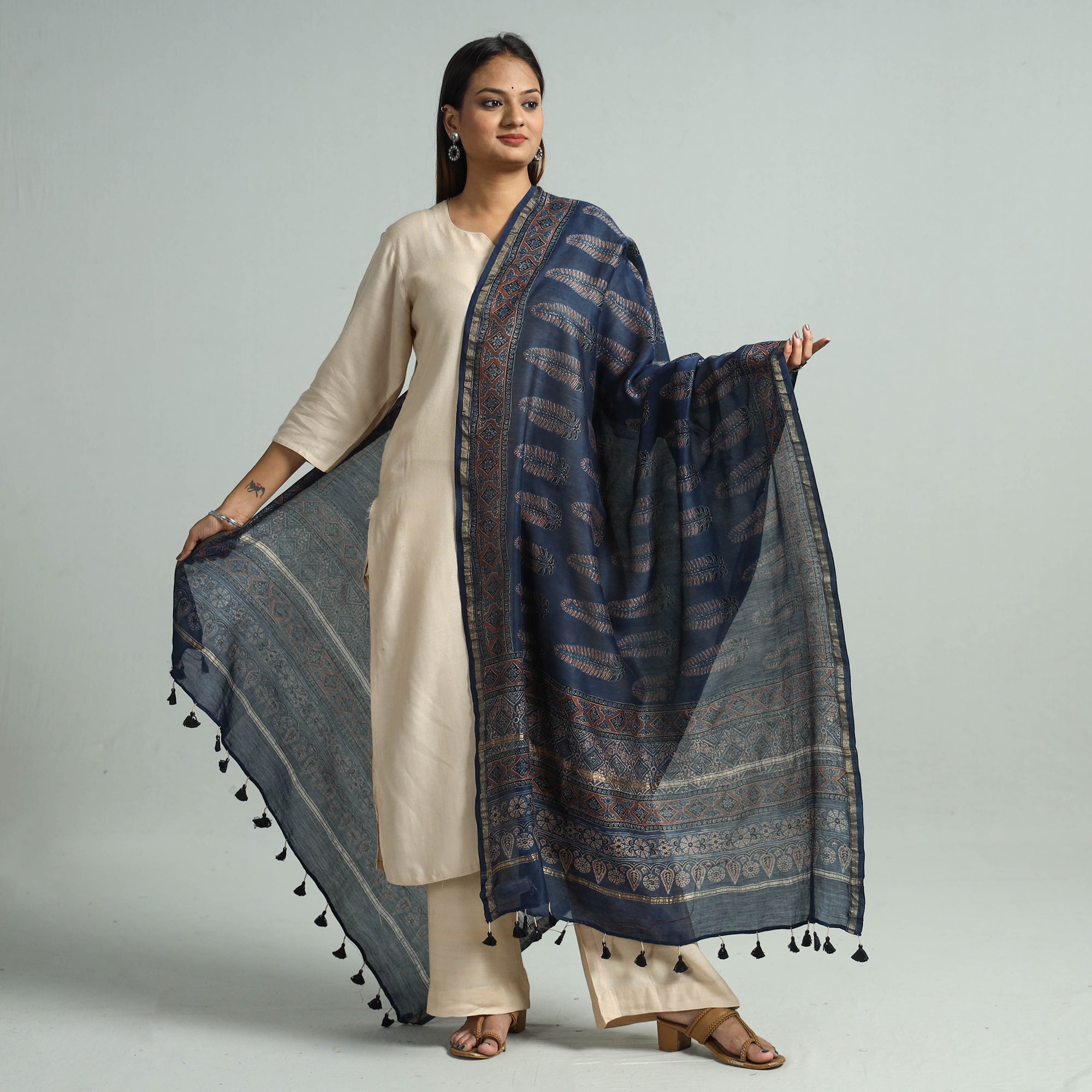 KACHCHH JI CHHAAP Blue - Hand Block Print Chanderi Silk Ajrakh Dupatta 74