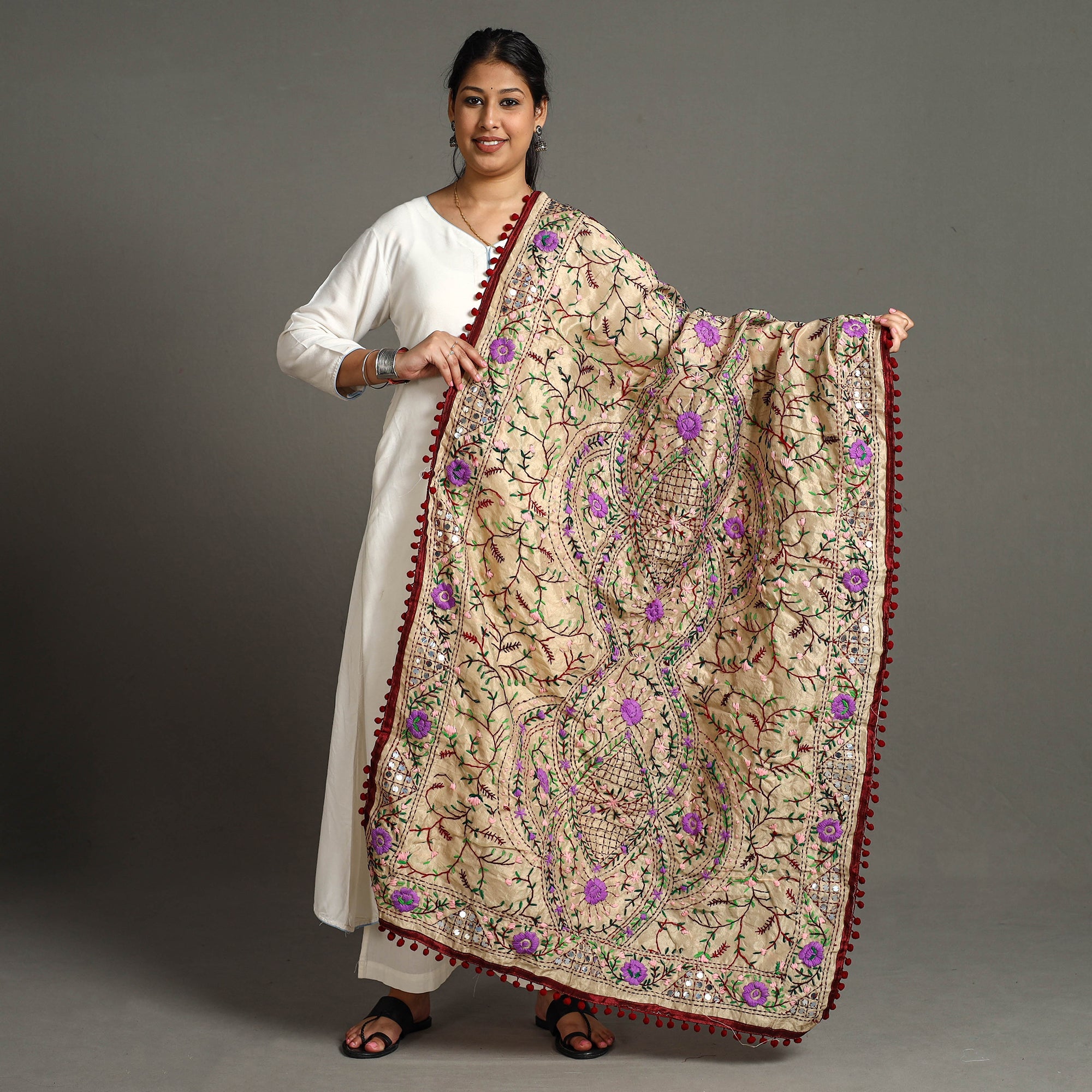 ITOKRI CRAFTS INITIATIVE Beige - Ranihati Chanderi Silk Chapa Work Phulkari Embroidered Dupatta with Pom Pom 66