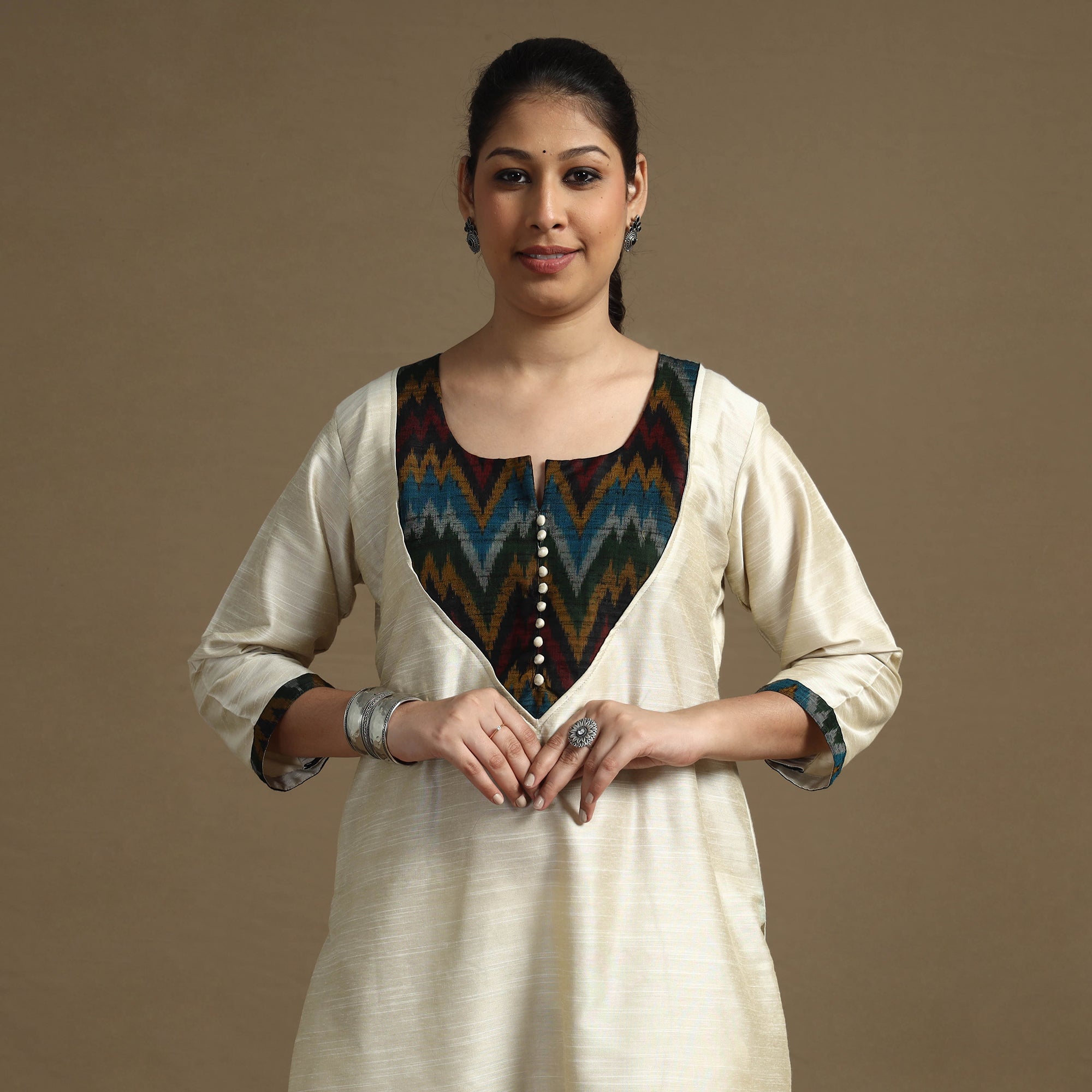 ITOKRI CASUALS Beige - Plain Solid Slub Silk Straight Kurta