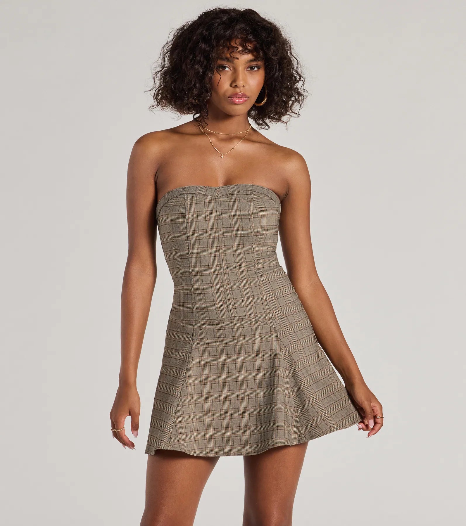 Windsor Adorable Look Plaid Print Strapless Skater Dress