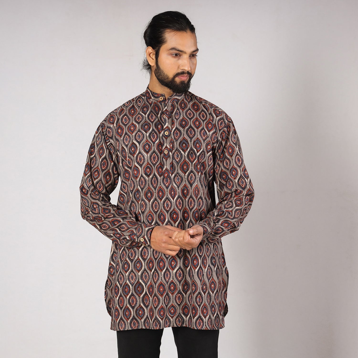 ITOKRI CASUALS Brown - Bagru Block Printing Cotton Men Short Kurta - view 4